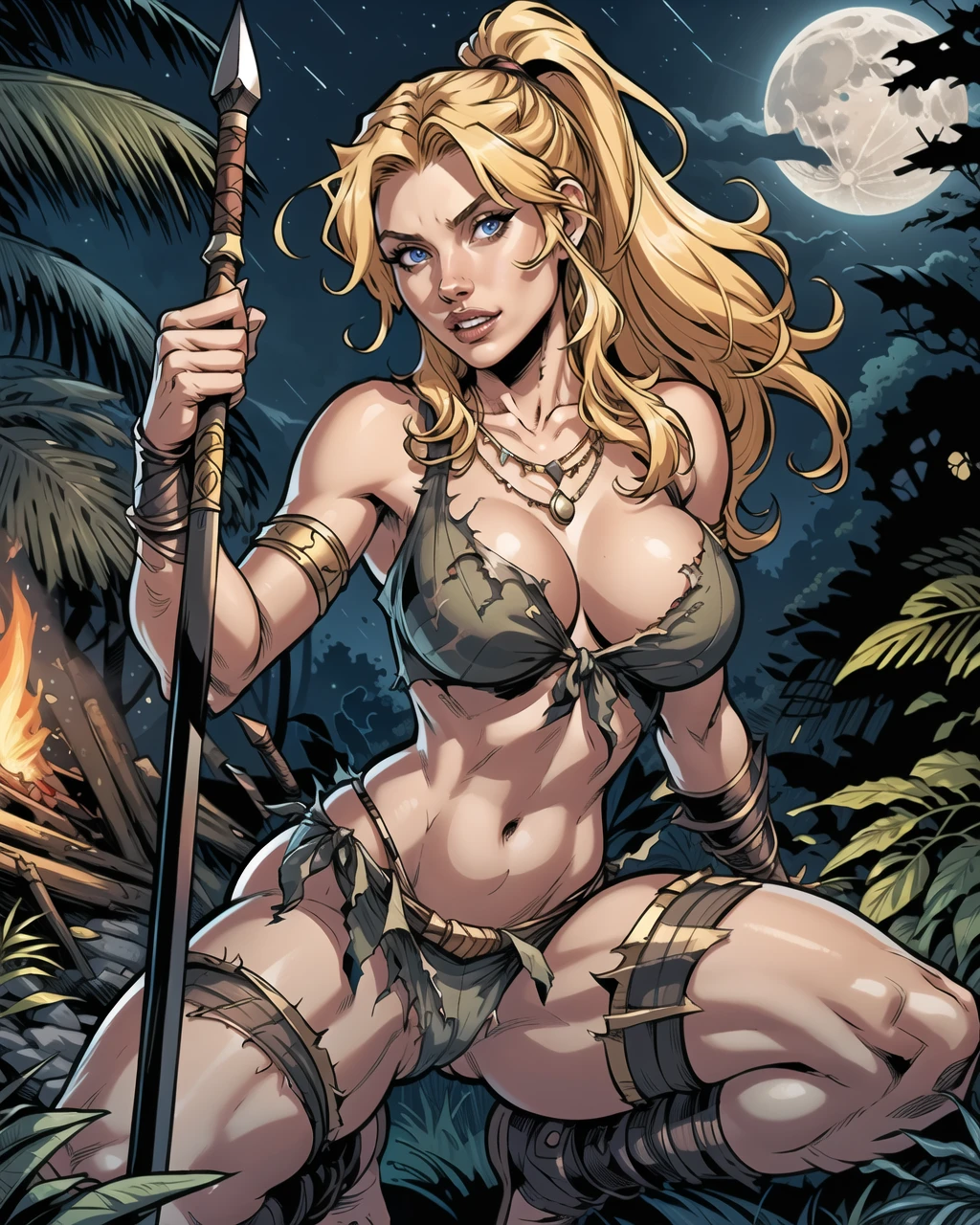1girl, detailed, masterpiece,HDR, detailed sharp, best quality,
solo,
looking at viewer,
illustration,comic style,
large breasts,
<lora:Lani_DG-v01-000003:0.80>
jungle, night, moon, campfire,
Lani_DG,
weapon, teeth, polearm, spear,knee up,
Blonde hair,long hair,ponytail,blue eyes, lipstick,
loincloth, pelvic curtain, torn clothes,armlet,necklace,