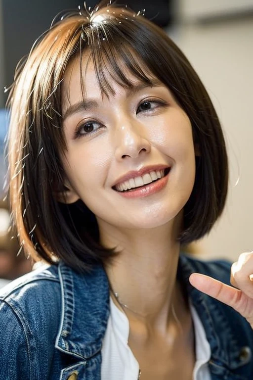 Best quality,masterpiece,ultra high res,(photorealistic:1.2),1girl,low key,slim body,taipei street alley,dynamic pose,face closeup,medium breasts,smile,<lora:phoebe_yuan:1>,bob cut,