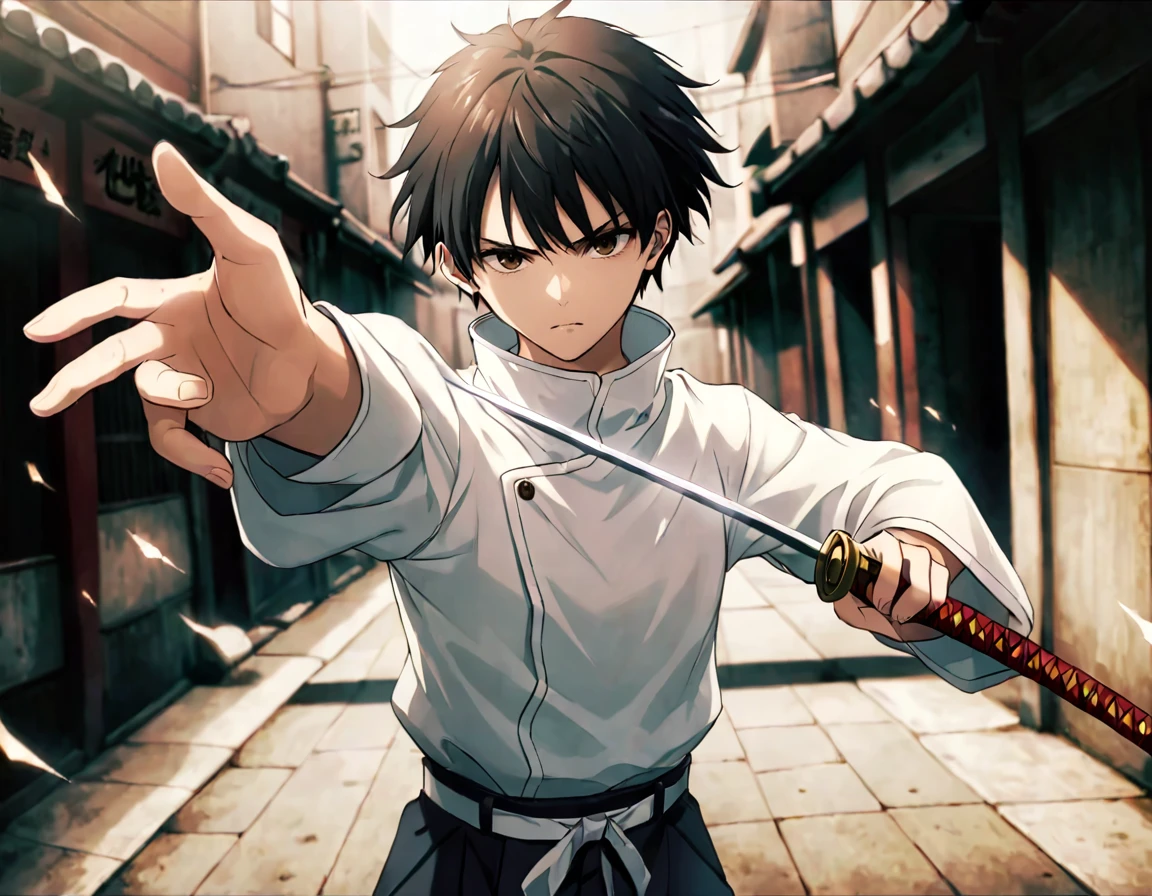 photograph cinematic photo,
jk3, 1boy, holding weapon, holding sword, male focus, aura, black hair, looking at viewer, high collar, katana, fighting stance, upper body, belt, jujutsu kaisen, closed mouth, long sleeves, frown, outstretched arm, cowboy shot, blurry background, bangs, school uniform, pants, brown eyes, serious, short hair, white shirt, magic, tsurime, jacket
(dutch angles:1.3)
<lora:Jujutsu-Kaisen:.7>, 50mm . cinematic 4k epic detailed 4k epic detailed photograph shot on kodak detailed cinematic hbo dark moody, 35mm photo, grainy, vignette, vintage, Kodachrome, Lomography, stained, highly detailed, found footage