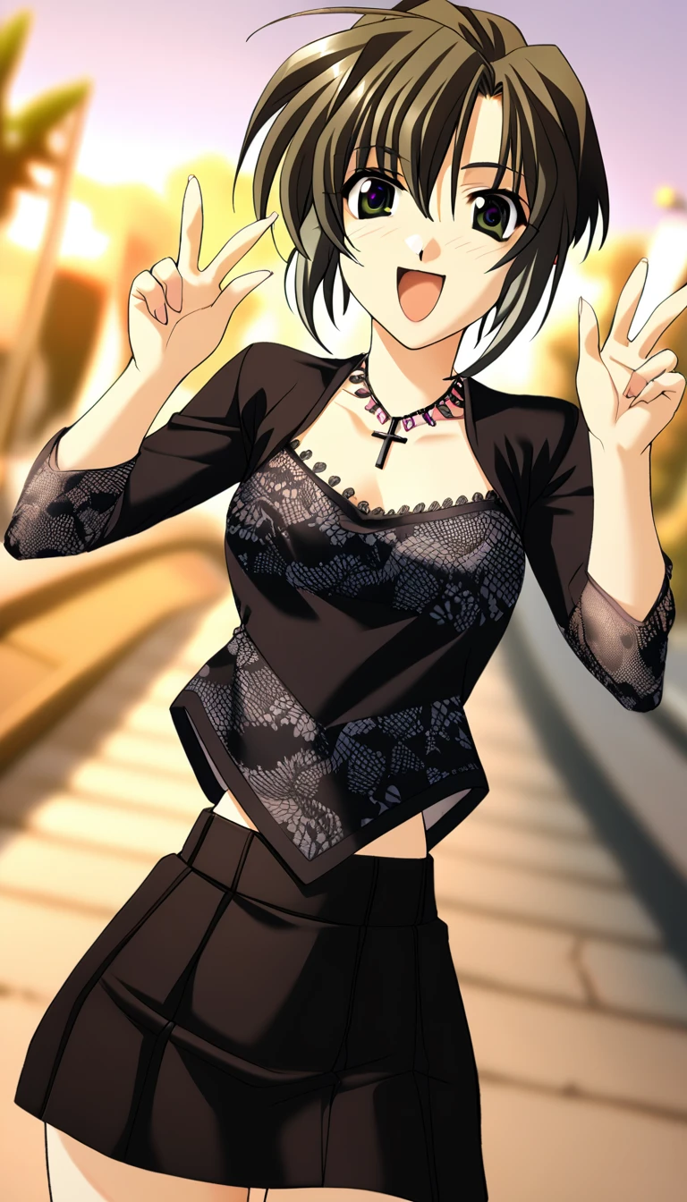 1girl,Kurosu Kanata,black shirt, black mini skirt, black cross necklace with pink jewels, black lace pattern on the shirt, v,black lace pattern on sleeves, sunset, outdoors, ;d, blurry, foreshortening,masterpiece,solo,best quality,game cg, (detailed beautiful eyes:1.3),(beautiful face:1.2),<lora:KurosuKanataXL:1>,