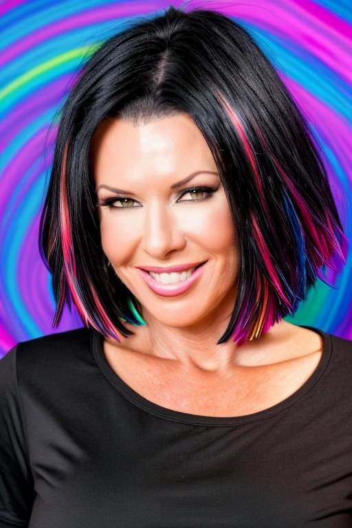 the gorgeous wo_veravluv01, big smile, headshot, black bob hair, wearing a black shirt, in a photoshoot, ((colorful background)), 8k, masterpiece, high quality, highres, photorealistic, raw, extremely detail<lora:WoVeravluv01Merged:0.800000>