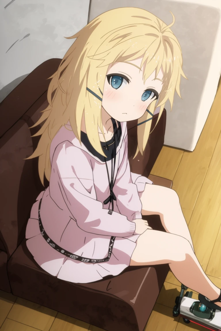 masterpiece, consistent background, indoors, 
 <lora:Black_bullet tina sprout_v2:0.7> tina sprout, sitting on sofa, drone pov, dutch angle, from above, looking at viewer