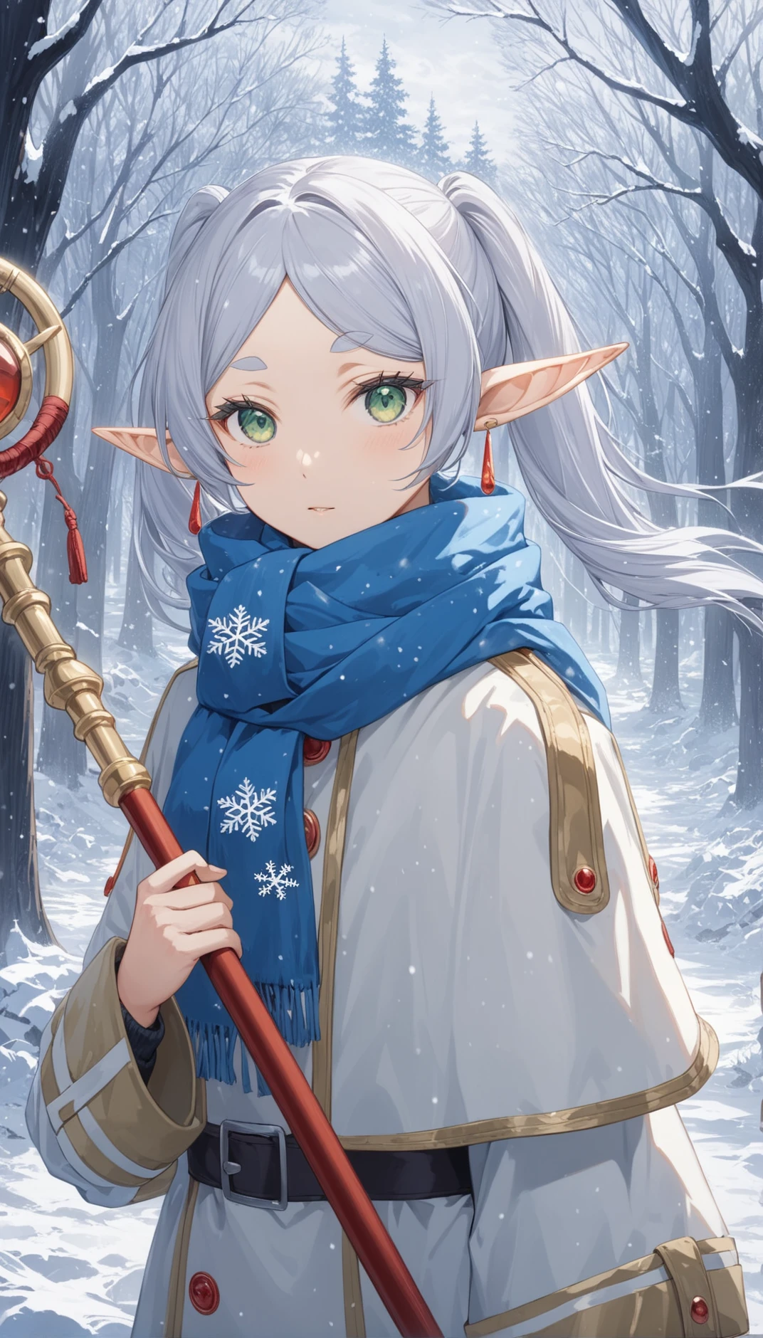 nereirfpnxl, frieren, bare tree, rating:safe, forest, nature, winter, branch, 1girl, solo, pointy ears, staff, elf, snow, earrings, scarf, jewelry, holding, twintails, tree, holding staff, coat, snowflake background, outdoors, blue scarf, looking at viewer, green eyes, snowflakes, buttons, long hair, winter clothes, snowing masterpiece, best quality, intricate detail, cinematic lighting, amazing quality, amazing shading, detailed Illustration, official artwork, wallpaper, official art, extremely detailed eyes and face, beautiful detailed eyes
<lora:frieren_nereirfpnxl_xl:1>