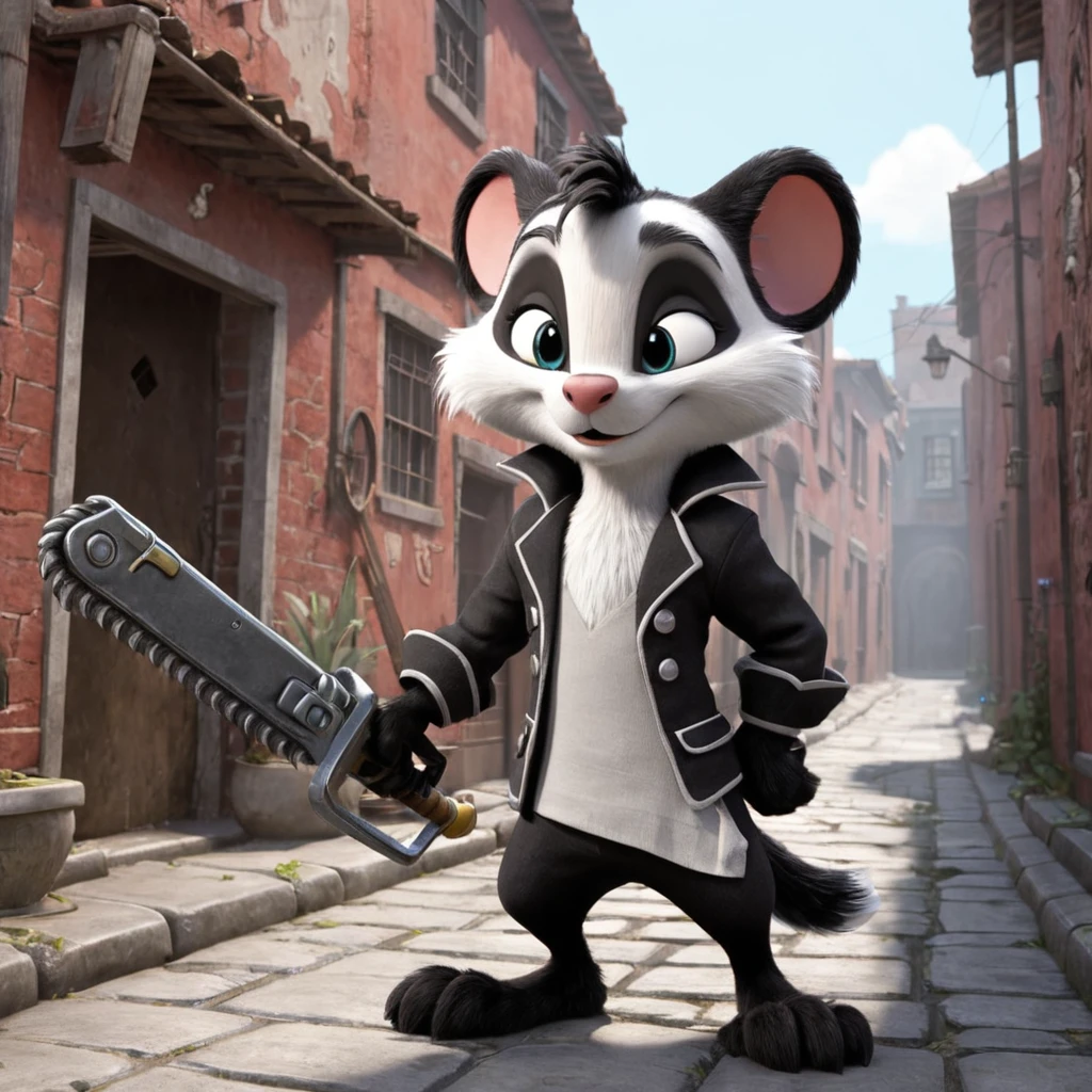 Pepe Le Pew holding (a 40kchainsword) in his hand  1950s, alley way, laundry lines,  High quality 3D rendering, fantasy, Pixar 3D character design style, ZBrush high-polygon modeling,