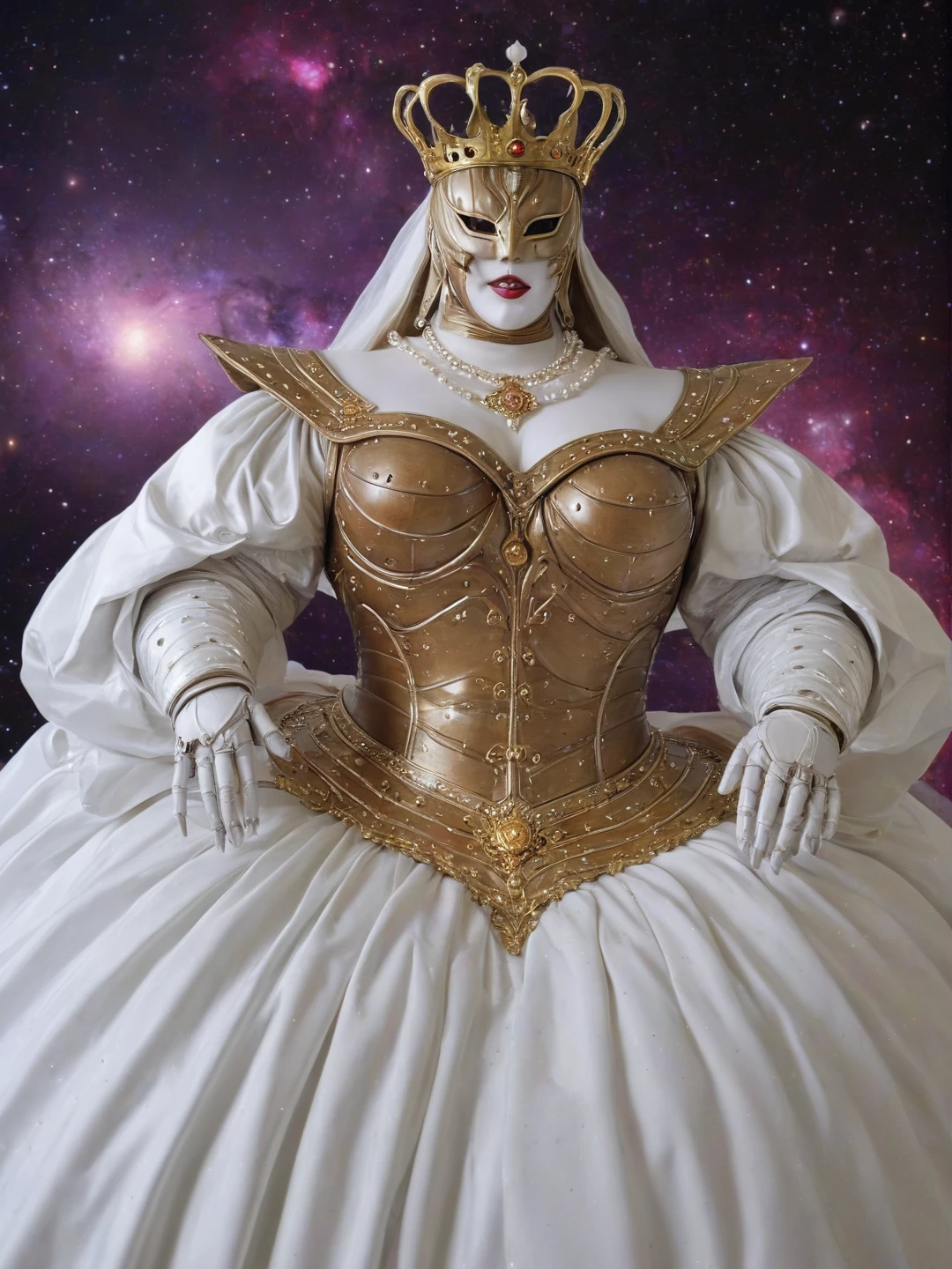 Alien-themed divine themed, formicaxl, extremely detailed, highres, high quality, full body, (chubby and plump:3.0), (white:2.0), a beautiful ant queen wearing (golden long billowing puffy and bouffant ballgown with long train:3.5), (gigantic breasts:2.5), (white silk gloves:2.0), (puffy long sleeves:2.5),  (red lips:1.5), (crown:1.5), (white pearl necklace:3.0), (divine halo floating on back:4.0), (large helmet headgear:1.5), very beautiful, flawless skin, divinity, heavenly, goddess, deity, majestic, (galaxy background:3.0), <lora:formicaXL-000006:0.9> . Extraterrestrial, cosmic, otherworldly, mysterious, sci-fi, highly detailed