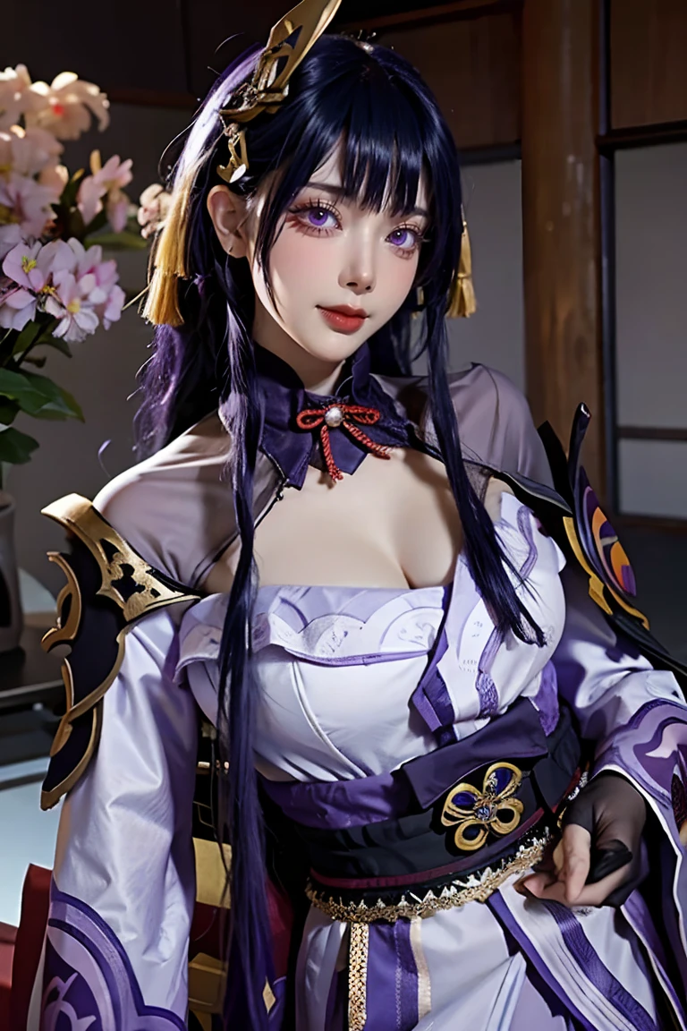 Unreal Engine 5 Realistic Render, RaidenShogun, detailed clothes, white clothes, blunt bangs, braid, (huge breasts:1.1), cleavage, wide-sleeved kimono, hair ornament, white japanese clothes, (red obi:1.4), (purple hair:1.4), very long hair, straight hair, detailed face, cool face, (smooth chin:0.85), closed mouth, long eyelashes, sharp eyes, looking at viewer, beautiful eyes, detailed eyes, thick eyebrows, red eyeshadow, symmetry eyes, (ulzzang-6500:0.7), skirt, (from below:1.1), (cyberpunk city:1.4), from side, (rooftop:1.5), (star \(sky\):1.3), photon mapping, physically-based rendering, RAW photo, highly detailed background, high res, perspective, beautiful face, top body is hyper realistic thicc muscle and hyper largest_breasts!! with the type of boobs_melons, lower is huge buttocks, wet shiny body