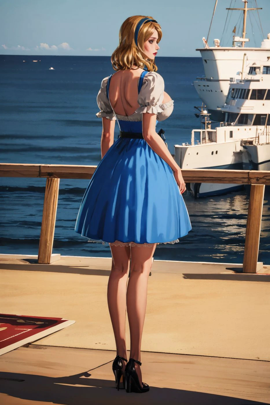 alicekiller, blonde, hairband, big breasts, blue strapped dress, white blouse, short puffy sleeves, red lips, standing on pier, from behind, half body, BREAK <lora:AliceKillerIsDeadBF16_1:0.75>