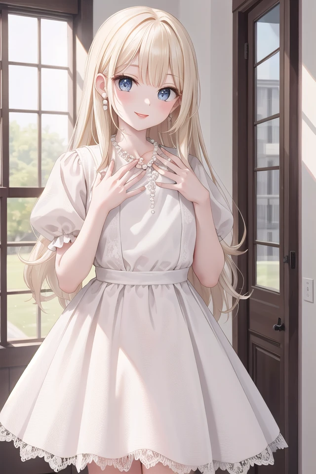 insanely detailed, absurdres, ultra-highres, ultra-detailed, best quality,
1girl, solo, nice hands, perfect hands,
BREAK
(dress, jewelry, lace trimmed dress, lace trim, necklace, pearl necklace, red lips, white dress:1.3),
eyelashes, lips
BREAK
happy smile, laugh, closed mouth, standing,
(from below:-1), cute pose, cowboy shot, looking at viewer
BREAK
slender, kawaii, perfect symmetrical face, ultra cute girl, ultra cute face, ultra detailed eyes, ultra detailed hair, ultra cute, ultra beautiful,
BREAK
in hotel room
BREAK
large breasts, blonde long hair, bangs, (cleavage:-1.5)