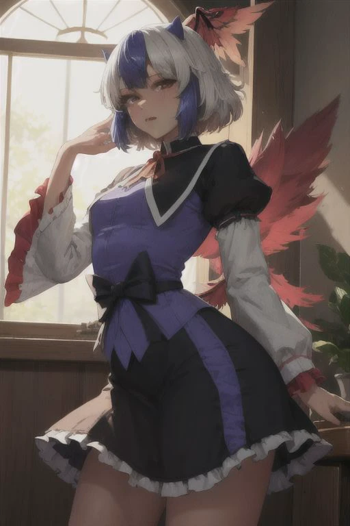 masterpiece, best quality, highres, soft lighting, best quality, hyper detailed, tokiko, (head wings:1.3), (wings:1.8), dress, 1girl, blush, wide hips, curvy, sexy legs, small breasts, thick thighs, big ass, <lora:touhou_tokiko-10:1.0>