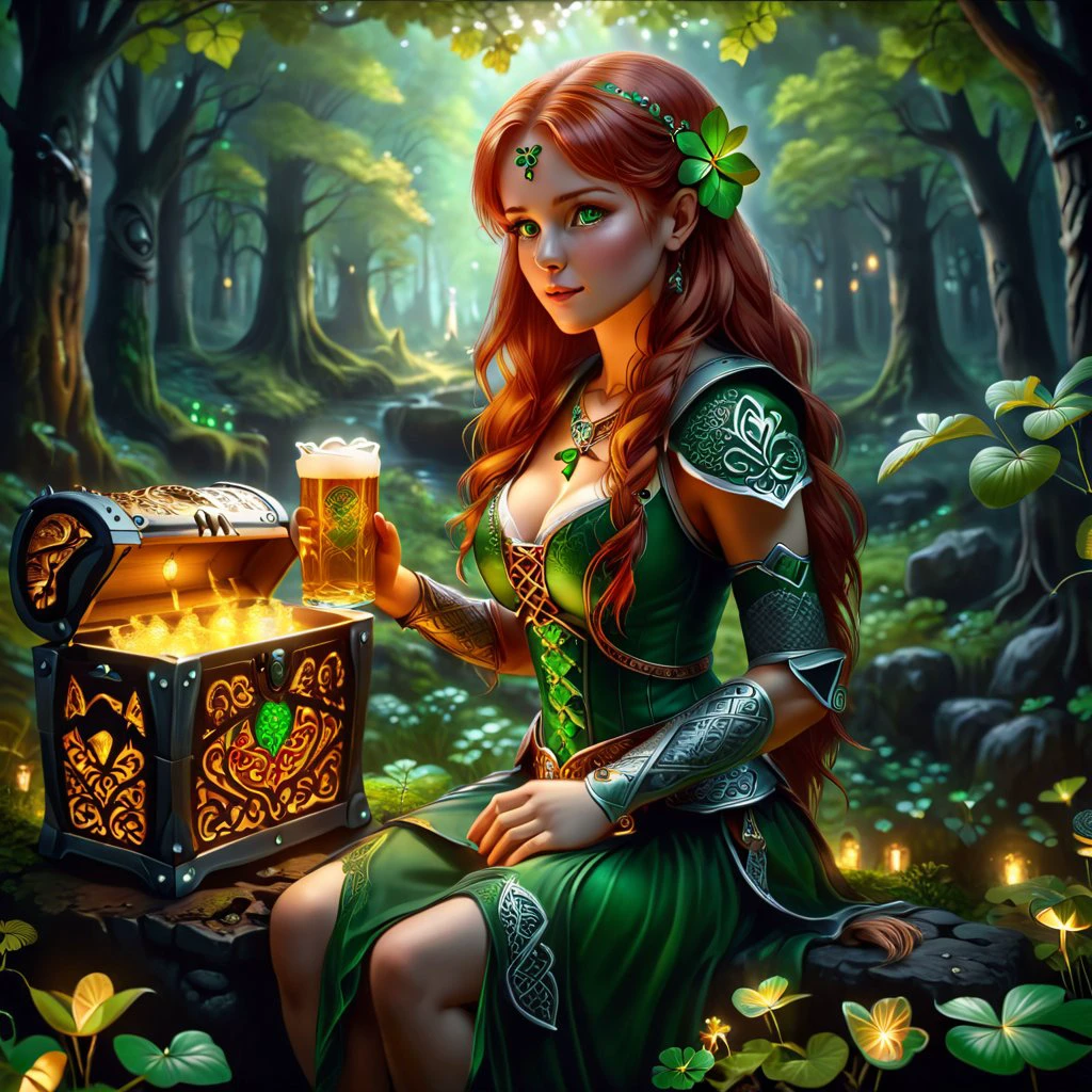 masterpiece, 8k, volumetrics dtx, celtic red head girl, beautiful green eyas,drinks beer, Celtic head, sit a treasure chest with gold, celtic fantasy forest background, (Four-leaf clover:1.4),