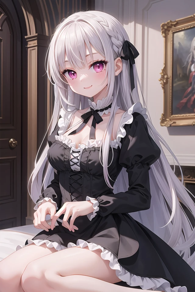 ((masterpiece:1.4, best quality)), ((masterpiece, best quality)),
one girl, cute girl, silver hair, long hair, pink eyes, smile, black gothic dress, white frill, hair dress,
indoors, castle, gothic, cute pose