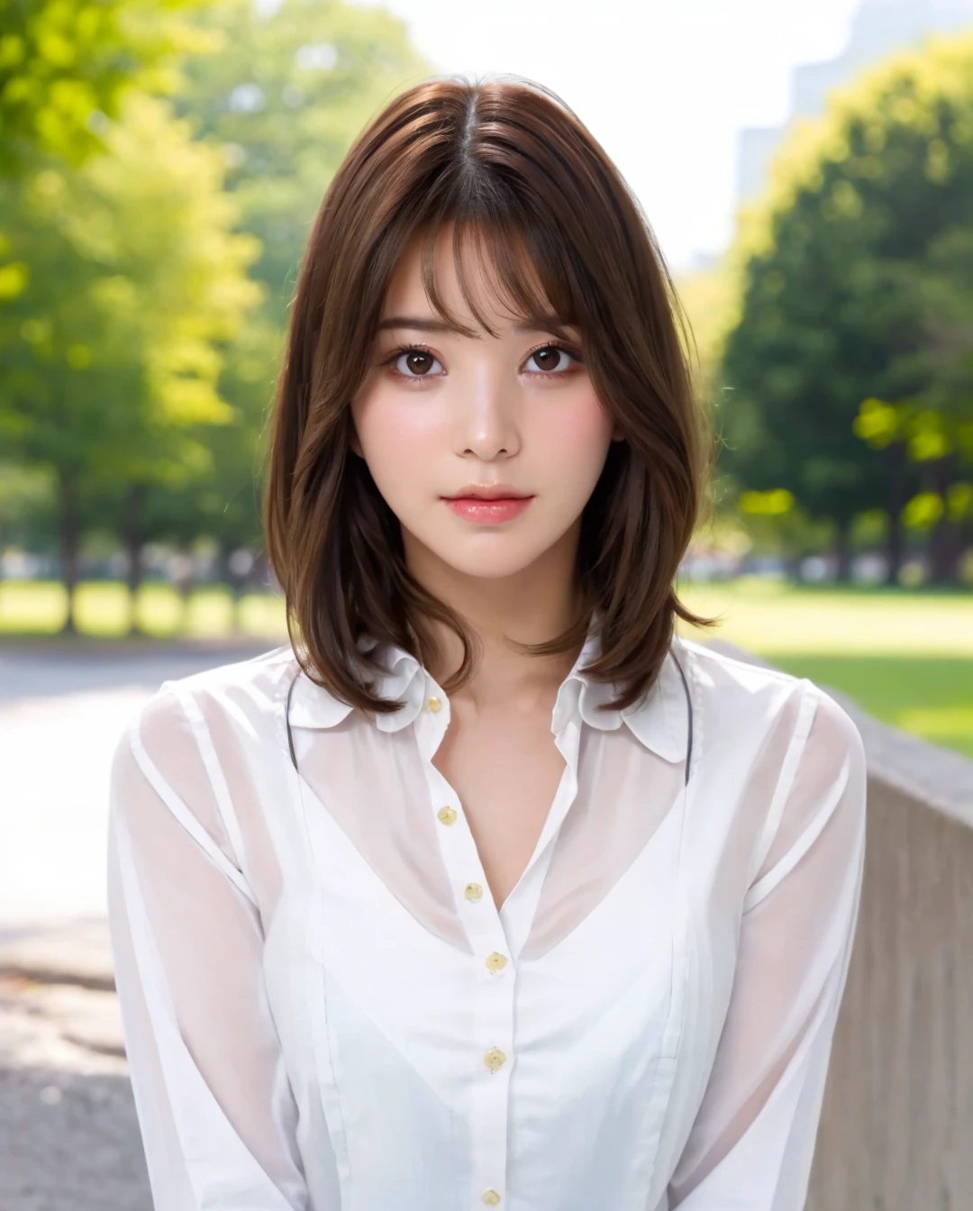 best quality, photorealistic, 8k, high res, full color, 1girl, woman, 20 years old woman, (closed mouth:1.43), (skindentation), trees, park bench, daylight, ((park background:1.52)), full color, ((white buttoned shirt:1.58)), looking at viewer:1.8, (1girl eyes looking at viewer:1.55), (medium hair, brownhair, partedbangs:1.85), (bokeh), <lora:AAV-nagi2:0.64>