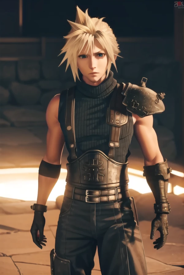 cloudstrife, <lora:cloud strife ingame-lora-nochekaiser:1>,
cloud strife, blonde hair, male focus, spiked hair, (grey eyes:1.3),
BREAK gloves, sleeveless, black gloves, pants, armor, turtleneck,
BREAK outdoors,
BREAK looking at viewer, dynamic pose,
BREAK <lyco:GoodHands-beta2:1>, (masterpiece:1.2), best quality, high resolution, unity 8k wallpaper, (illustration:0.8), (beautiful detailed eyes:1.6), extremely detailed face, perfect lighting, extremely detailed CG, (perfect hands, perfect anatomy),