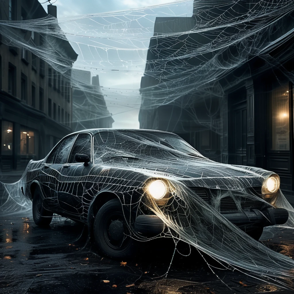 spiderweb a car wrapped in a spider's web in a dark city, cinematic, photorealistic very detailed, professional photo <lora:spiderweb:1>