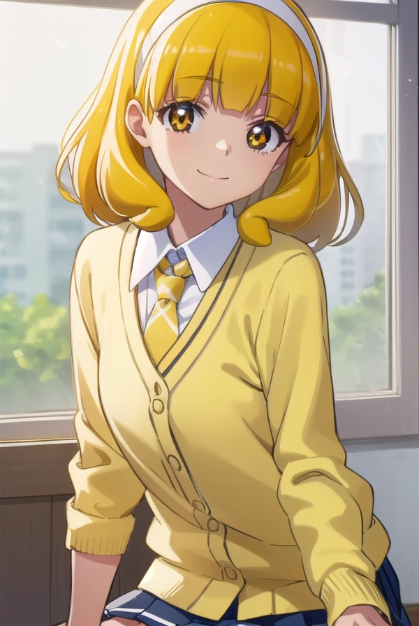 yayoikise, <lora:yayoi kise s1-lora-nochekaiser:1>,
yayoi kise, short hair, blonde hair, (yellow eyes:1.3), hairband, white hairband, smile,
BREAK skirt, school uniform, socks, cardigan, nanairogaoka middle school uniform, yellow cardigan, pleated skirt, blue skirt,
BREAK indoors,classroom,
BREAK looking at viewer, dynamic pose,
BREAK <lyco:GoodHands-beta2:1>, (masterpiece:1.2), best quality, high resolution, unity 8k wallpaper, (illustration:0.8), (beautiful detailed eyes:1.6), extremely detailed face, perfect lighting, extremely detailed CG, (perfect hands, perfect anatomy),