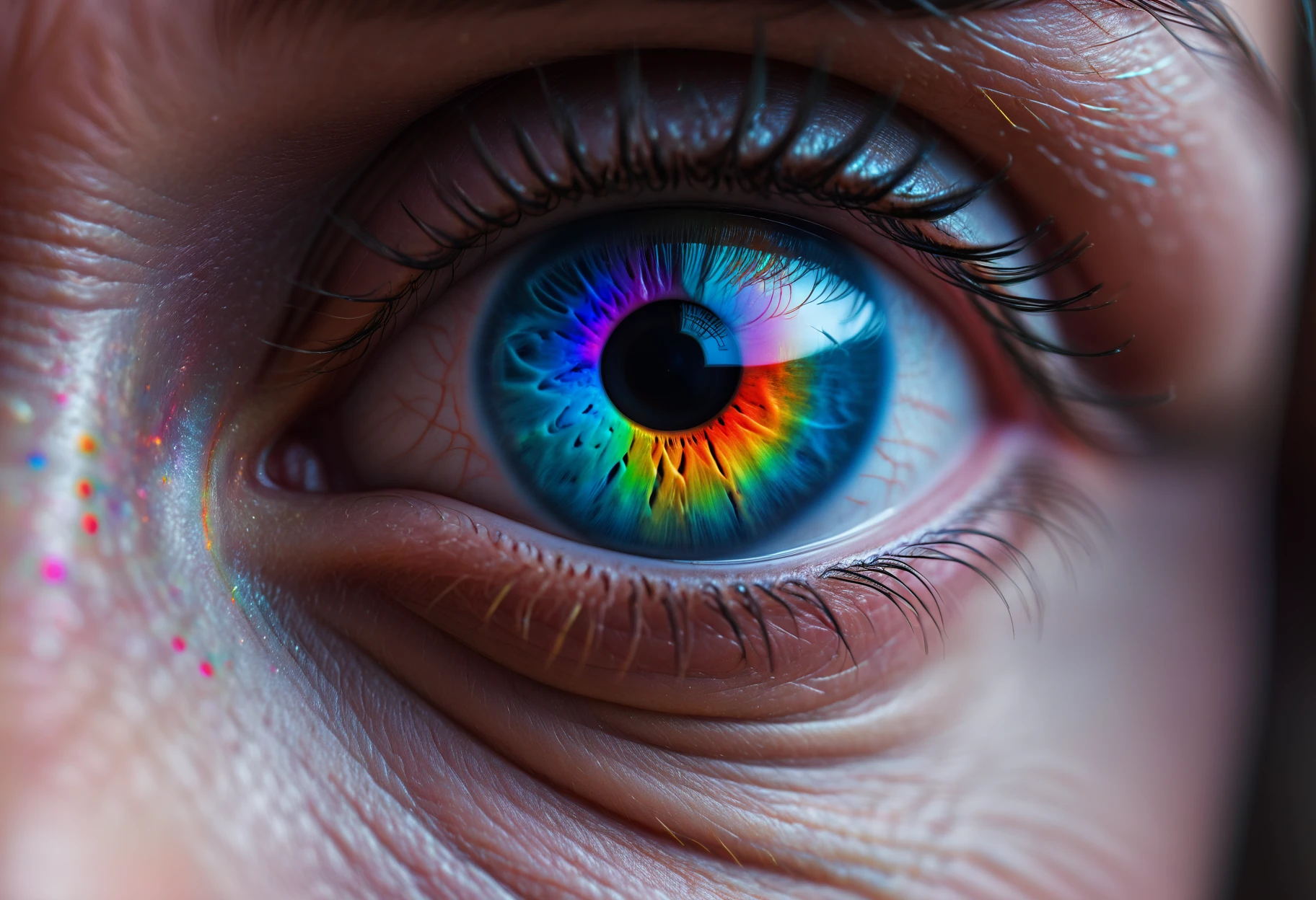 An extreme macro close up shot of an eye with rainbow hues