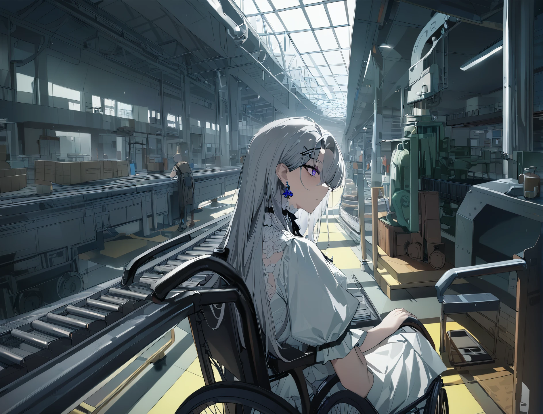 1girl, extreme detailed, Very detailed, colorful, highest detailed, masterpiece, best quality, highres, 8k, highly detailed face, <lora:eve_path_to_nowhere_xl:1>, Eve\(path_to_nowhere\), factory, conveyor belt, industrial pipe, gears, indoors, (giantess:0.9), looking down, expressionless, grey hair, parted bangs, very long hair, hair over one eye, one eye covered, x hair ornament, mole under eye, purple eyes, choker, black neckwear, neck ribbon, flower earrings, single earring, white blouse, puffy sleeves, short sleeves, butterfly ornament, (wheelchair:0.9), sitting, army men, toy soldier,