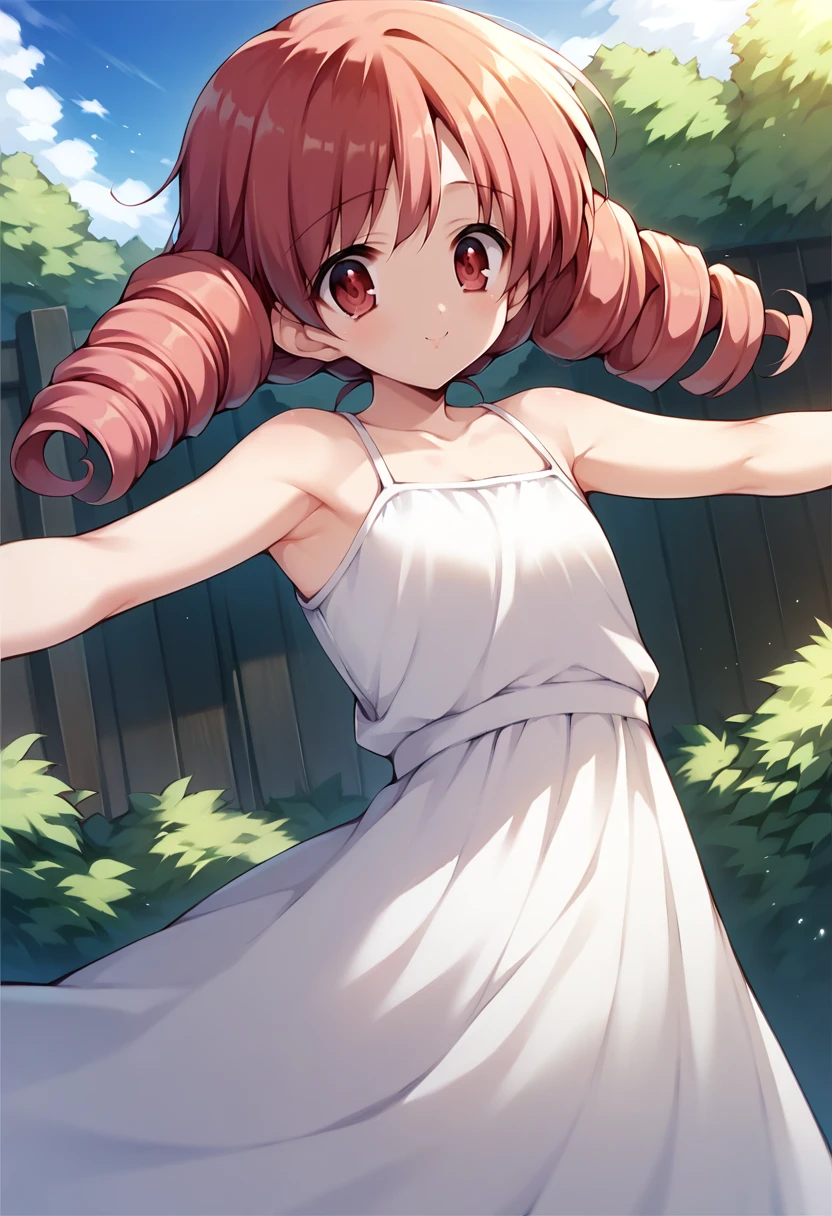 score_9, score_8_up, score_7_up, source_anime, 1girl,red eyes,smile, outdoors, best quality,  red hair, ringlets, outstretched arms,  white sundress,  by munyuu  <lora:Munyuu-Style-PonyXL-000022:1>