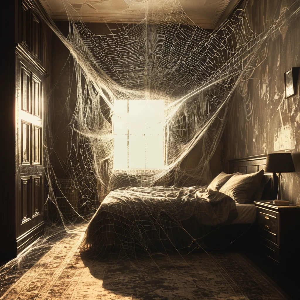 spiderweb a bedroom with a spider's web, cinematic, photorealistic very detailed, professional photo <lora:spiderweb:1>