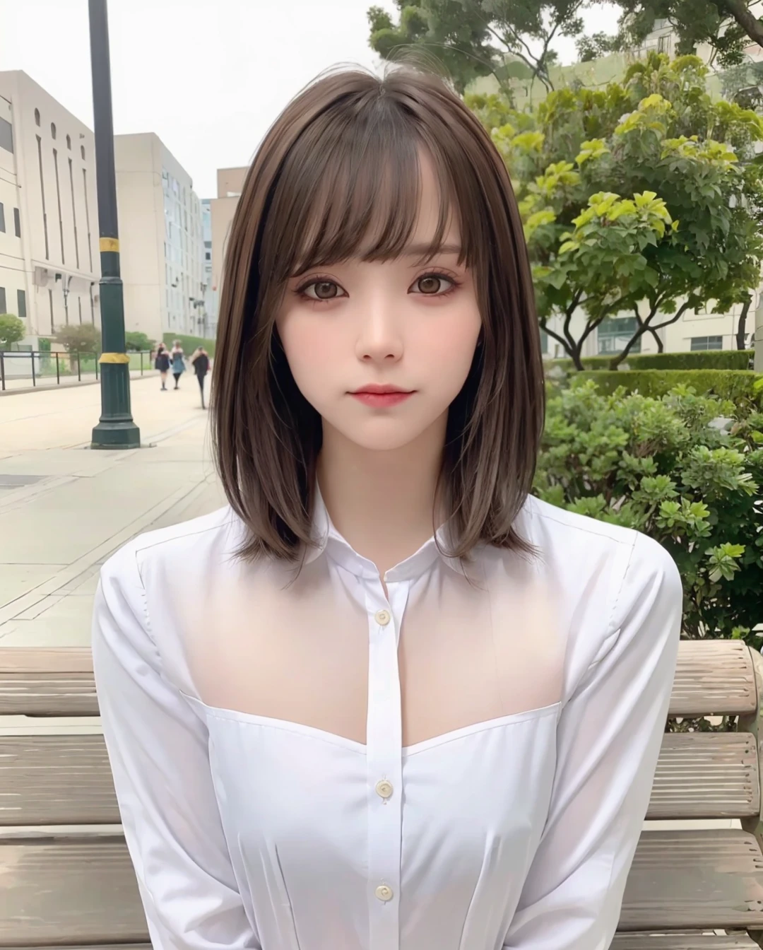 best quality, photorealistic, 8k, high res, full color, 1girl, woman, 20 years old woman, (closed mouth:1.43), (skindentation), trees, park bench, daylight, ((park background:1.52)), full color, ((white buttoned shirt:1.58)), looking at viewer:1.8, (1girl eyes looking at viewer:1.55), (medium hair, brownhair, partedbangs:1.85), (bokeh), <lora:AAG-rechan:0.64>