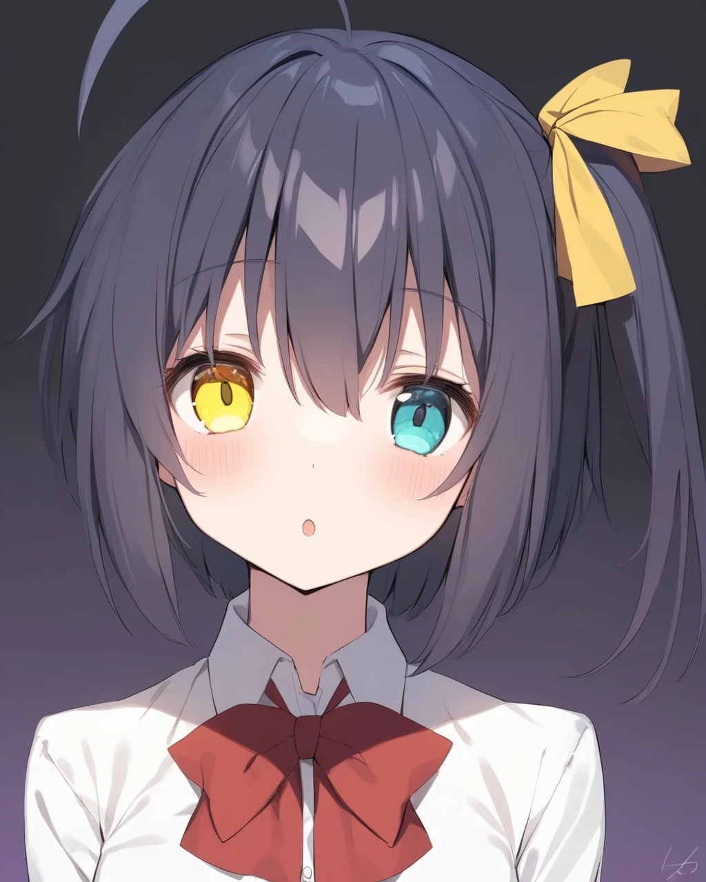 masterpiece,best quality,<lora:takanashi_rikka:1>,akanashi_rikka, dress_shirt, one_side_up, red_bowtie, bowtie, blush, :o, black_background, solo, red_bow, white_shirt, purple_background, portrait, heterochromia, chuunibyou_demo_koi_ga_shitai!, 1girl, bow, yellow_ribbon, ribbon, signature, school_uniform, looking_at_viewer, collared_shirt, ahoge, hair_ribbon, icho_private_high_school_uniform, shirt, open_mouth