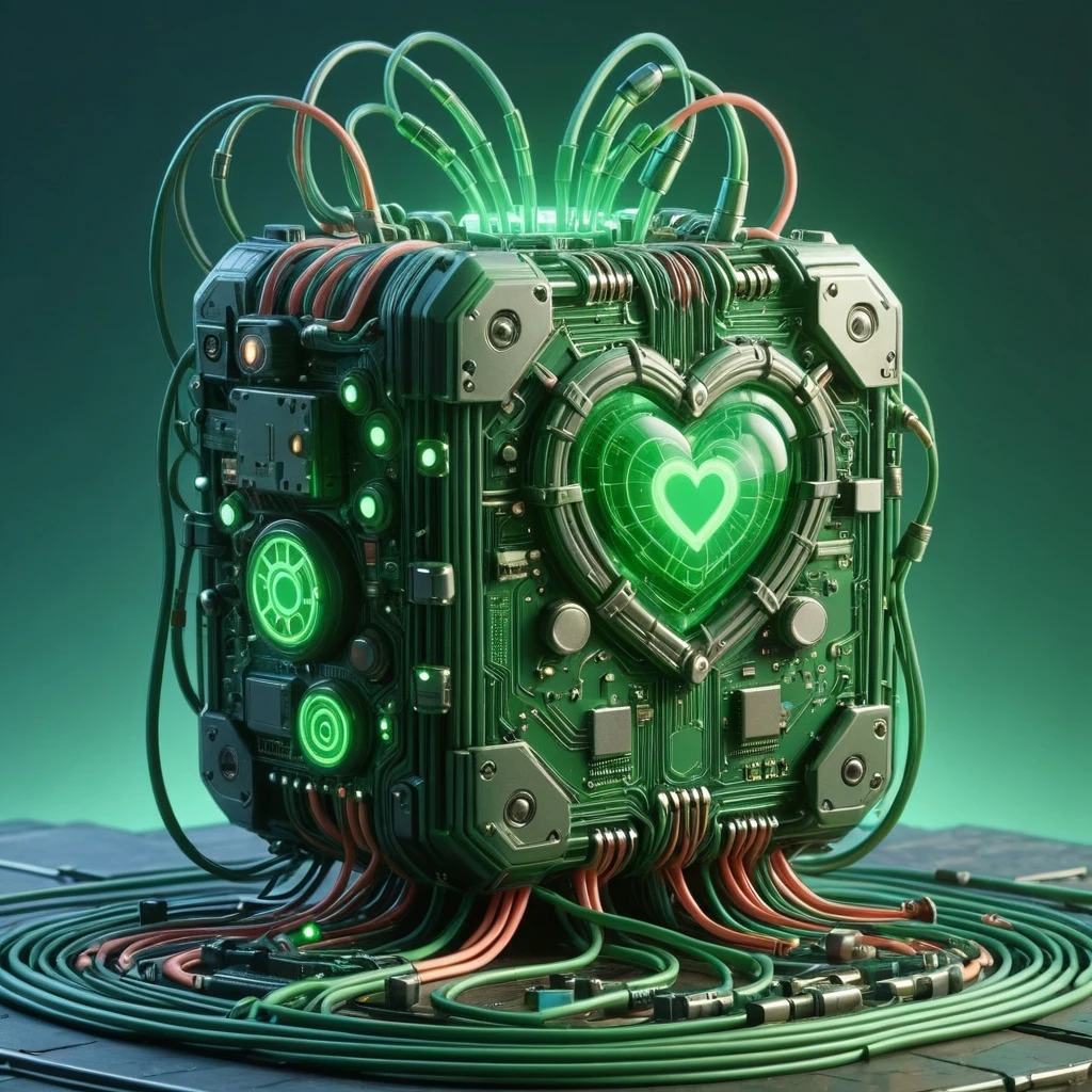 scifi, cables, circuitrytech, weighted_companion_cube, green glowing heart symbol, blurry_background,  , hyper detailed