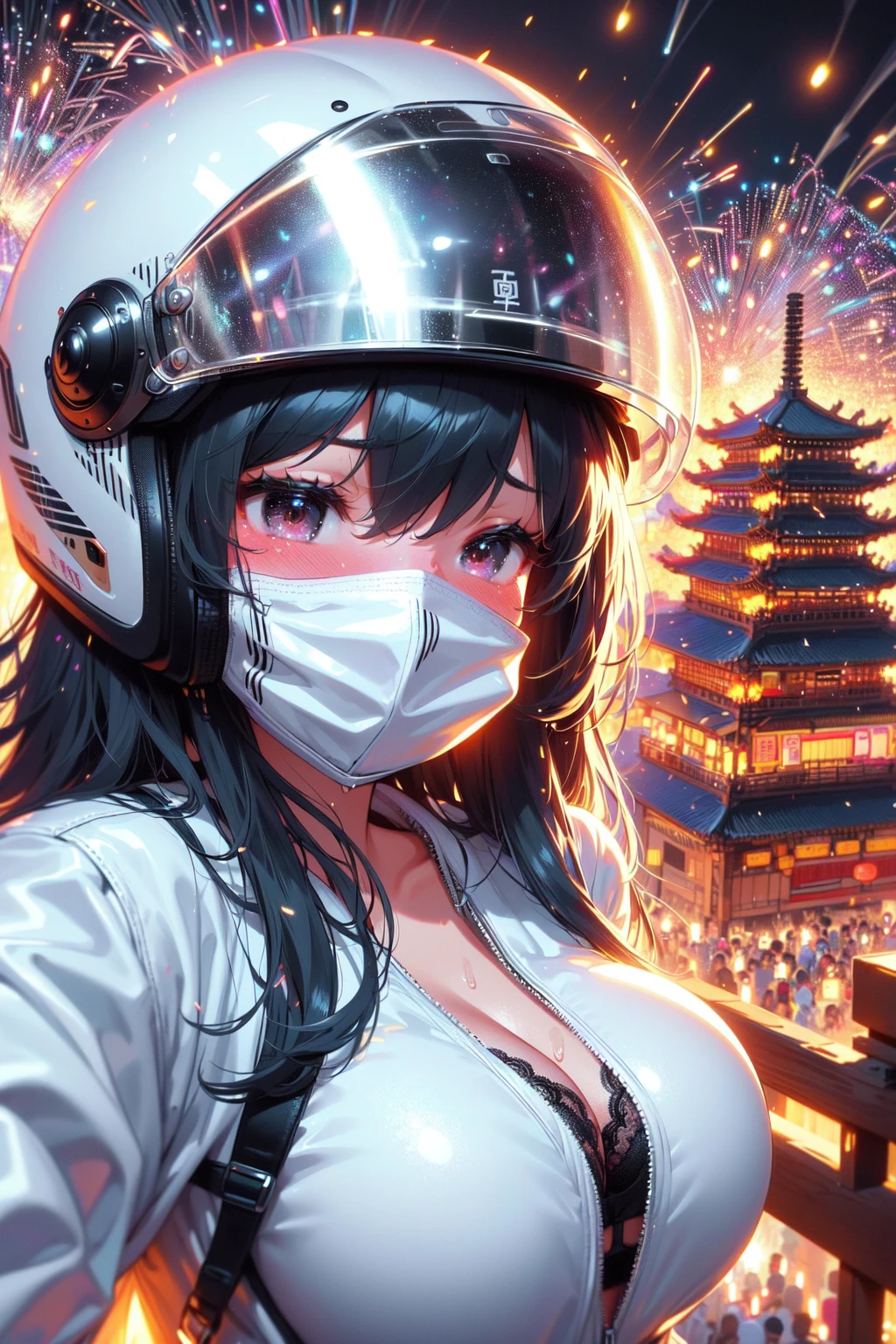 (((masterpiece))), (((best quality))), (((selfie on balcony))), (((from side)))), (((beehive fireworks))), ((((glowing))), (((fluttering hair))), (((mask))), (((white jacket))), ((gloves)), (((silver helmet))), ((sleeves)), ((fog)), ((steam)), crowd, ((temple)), ((tainan cityscape)), ((neon lights)), ((meteor shower)), solo, 1girl, ((big breast)), ((black lace bra)), ((black longhair)), sweat, shy, blush, slim figure, <lora:girllikebeehivefireworks:1>