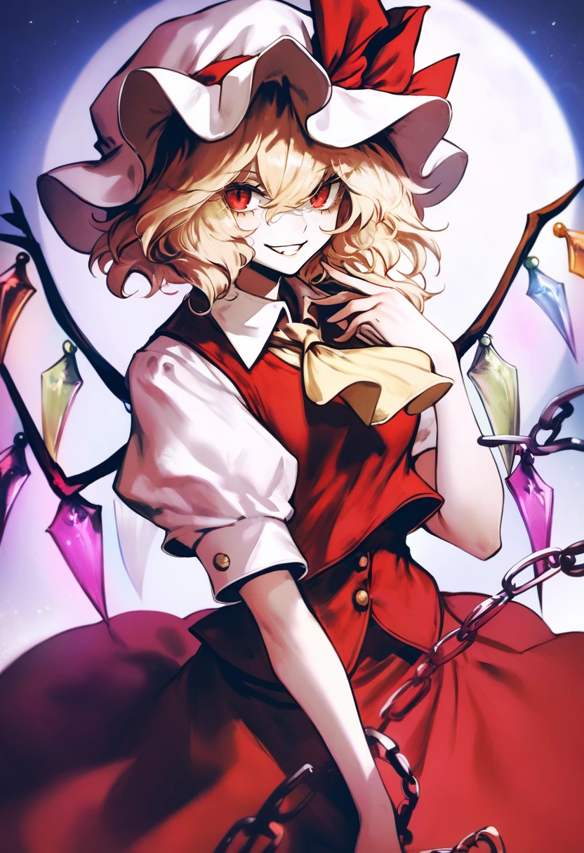 score_9, score_8_up, score_7_up, score_6_up, <lora:DPOXL:1> <lora:banpai akiraXL_JS2_lokr_V12:1>1girl, solo, hat, wings, flandre scarlet, blonde hair, chain, red vest, ascot, vest, short sleeves, red eyes, shirt, skirt, puffy sleeves, smile, looking at viewer, hat ribbon, white shirt, mob cap, puffy short sleeves, ribbon, red ribbon, white headwear, skirt set, hair between eyes, collared shirt, moon, grin, yellow ascot, red skirt, short hair