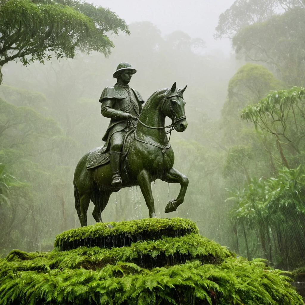 male statue on a horse, water fountain, moss on the statue, tropical forest, misty weather, rain, 35mm film photography