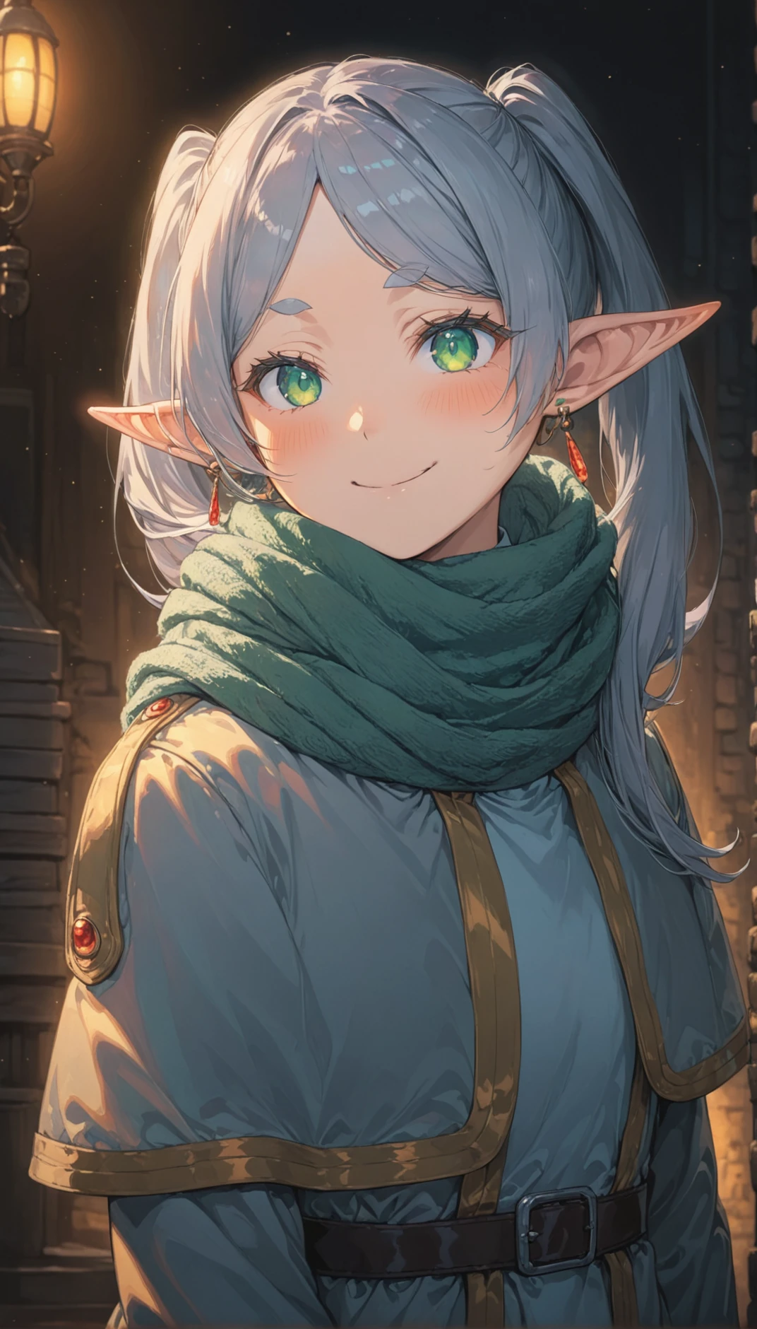 nereirfpnxl, frieren, hand on hip, rating:safe, hands on hips, pointy ears, jewelry, earrings, solo, elf, blush, 1girl, long sleeves, smile, smug, twintails, doyagao, green eyes, scarf, long hair, =3, closed mouth, coat, >:\) masterpiece, best quality, intricate detail, cinematic lighting, amazing quality, amazing shading, detailed Illustration, official artwork, wallpaper, official art, extremely detailed eyes and face, beautiful detailed eyes
 <lora:frieren_nereirfpnxl_xl:1> <lora:IOS_Iridescent_opal_style:0.8>