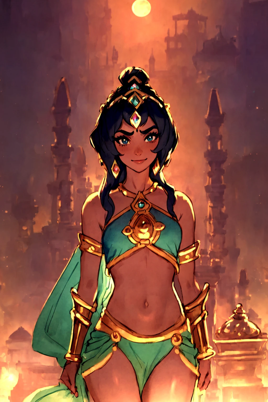 masterpiece, ultra-detailed, best quality, illustration, 8k cg wallpaper, an extremely delicate and beautiful, 1girl, Princess Jasmine /(Aladdin/), solo, perfect anatomy, smiling, blushing, dark skin, perfect arms, perfect hands, perfect fingers, perfect legs, cute, pretty, beautiful, sexy, perfect body, (background: Arabian city, Arabian buildings, night sky, moon, stars, intricately detailed items in background), <lora:CoL:1>