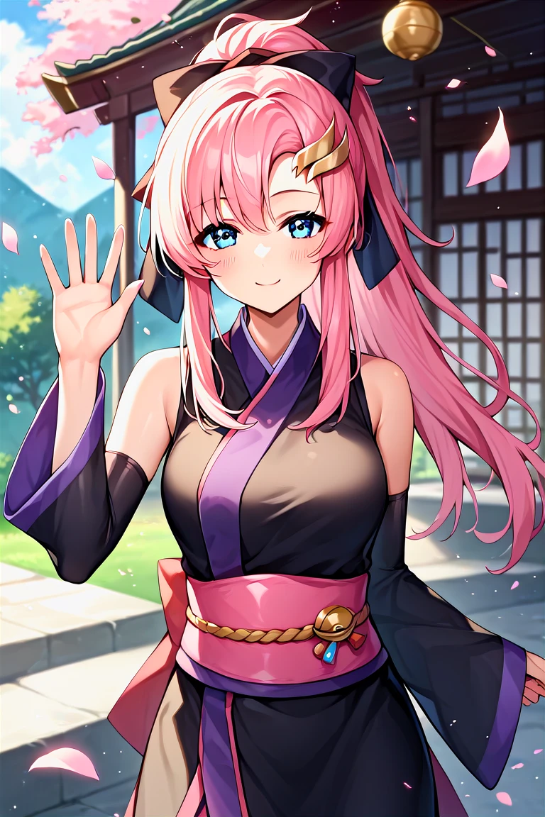 score_9, score_8_up, score_7_up, score_6_up, score_5_up, score_4_up, rating_questionable, , source_anime, digital illustration, pixiv, fanbox, uncensored, , BREAK, official art,
1girl, solo, female, lacus clyne, blue eyes, pink hair, hair ornament, gold hair ornament, ponytail, hair bow,
short kimono, black sleeves, sleeveless, japanese clothes, black kimono, detached sleeves, waving, outdoors, light smile, blush, looking at viewer, cowboy shot, colorful, vivid <lora:Lacus_clyne_Pony-000009:0.9>