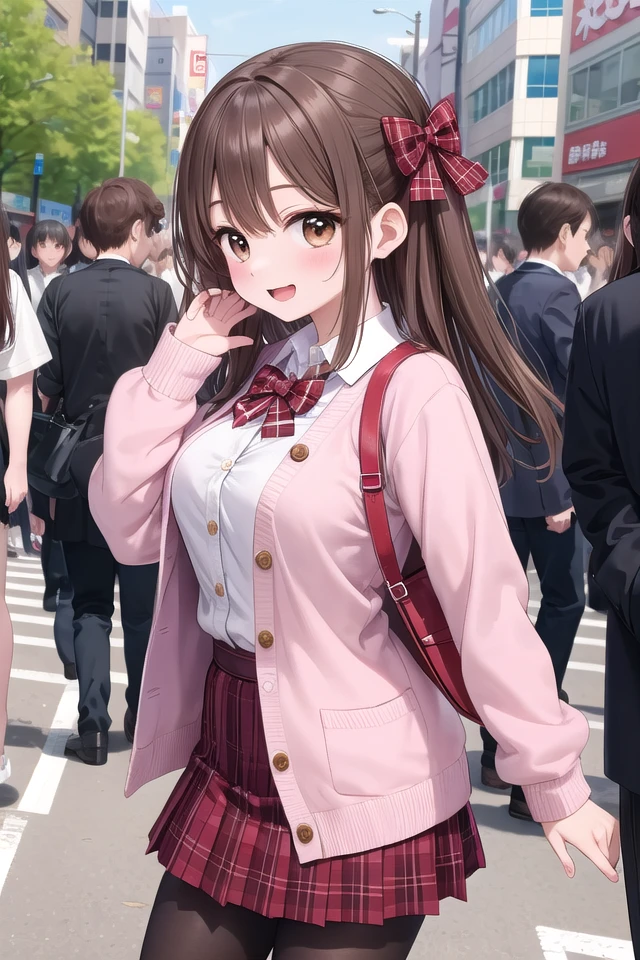 insanely detailed, absurdres, ultra-highres, ultra-detailed, best quality,
1girl, solo, nice hands, perfect hands
BREAK
(School Uniforms:1.2), (pink cardigan is fit body:1.4), ((do up a buttons, not loose):1.5), ((long sleeve, sleeves past wrists):1.2), (inner wear is white collared-shirt:1.3), (red plaid-pattern bow:1.3), (red plaid-pattern pleated skirt:1.3), ((dark-brown pantyhose, loafers):1.2) ,
BREAK
happy smile, laugh, open mouth, standing,
from side,
cute pose, cowboy shot,
BREAK
slender, kawaii, perfect symmetrical face, ultra cute girl, ultra cute face, ultra detailed eyes, ultra detailed hair, ultra cute, ultra beautiful,
BREAK
in harajuku, shibuya, tokyo, street, crowd, cityscape,
BREAK
medium large breasts,
(brown hair, brown eyes), hime cut