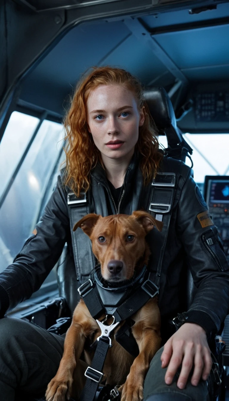 Science Fiction cinematic style stunning award winning portrait photo of 18 year old cute ginger woman with a dog sitting in the cockpit of a space ship,anamorphic,distorted lense,chromatic aberration,volumetric lighting,cinematic,epic composition, <lora:5A120B7E26:0.7>