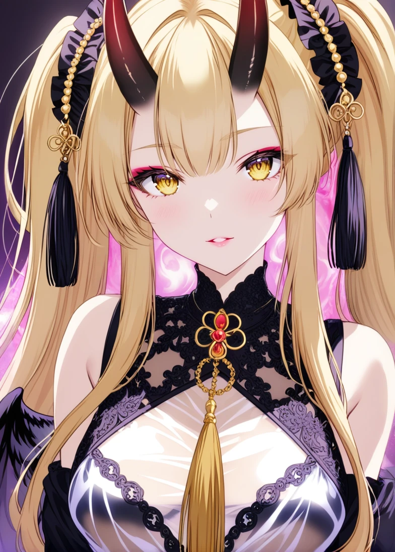 <lora:10å¼ ç»çç»é£ç²¾ç®ç:0.7>,mystical aura,oni horns,translucent clothing,ornate headpiece with tassels,1girl,gyaru,zero,black_wings,blonde hair,bust,eyes_focus,