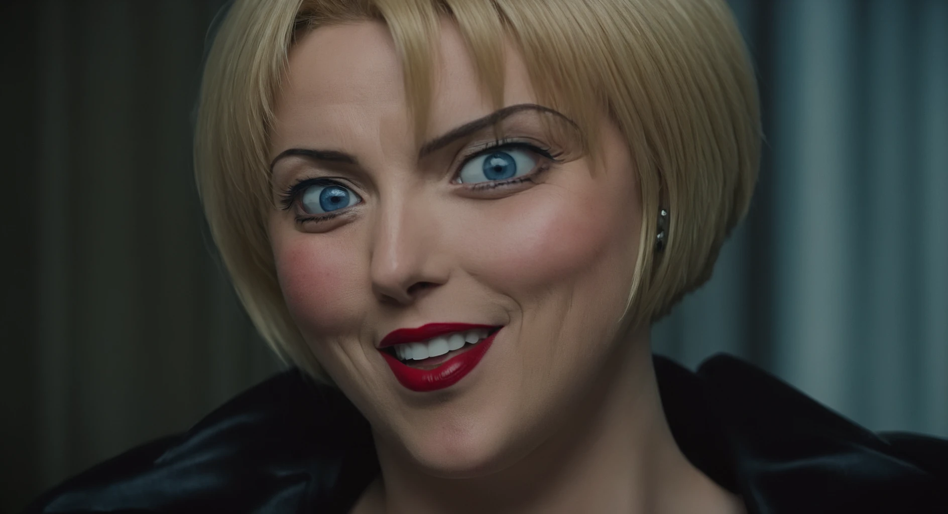 cinematic film still of <lora:BB_Reika Kitami:1>
Reika Kitami a cinematic realistic photo of an evil sinister woman with short blonde hair, red lips, blueeyes, smiling to the camera with a sinister laugh
(detailed face wrinkles), shallow depth of field, vignette, highly detailed, high budget, bokeh, cinemascope, moody, epic, gorgeous, film grain, grainy