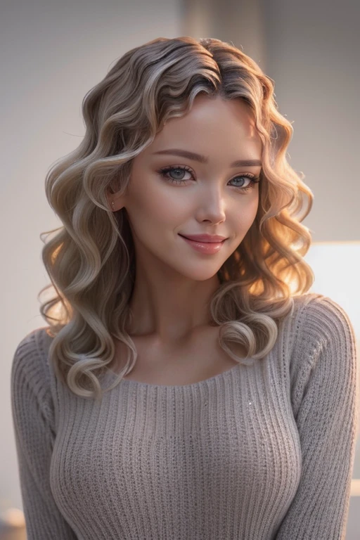 cinematic photo, extreme closeup shot <lora:t3ny3-09:1> t3ny3, wearing sweater, looking at viewer, smile, simple background, white background, jewelry, closed mouth, grey background, looking to the side, wavy hair, realistic 35mm photograph, film, bokeh, professional, 4k, highly detailed