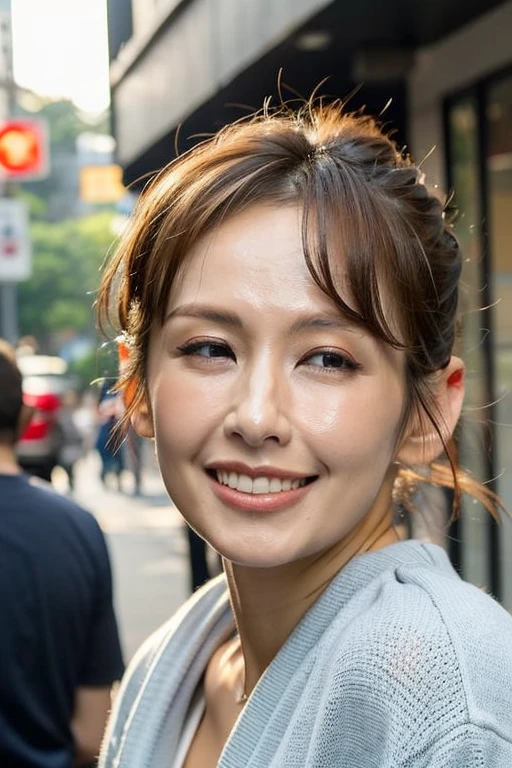 Best quality,masterpiece,ultra high res,(photorealistic:1.2),1girl,low key,slim body,undone hair,taipei street alley,dynamic pose,face closeup,medium breasts,smile,brown hair,high ponytail,<lora:phoebe_yuan:1>,
