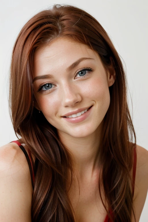 RAW photo of woman, (headshot:1.1) portrait on a black plain background, (smile, happy:1.1), sharp focus, best quality, extremely detailed). BREAK tayl0r-001, red hair, blue eyes. skinny build. fcHeatPortraitat