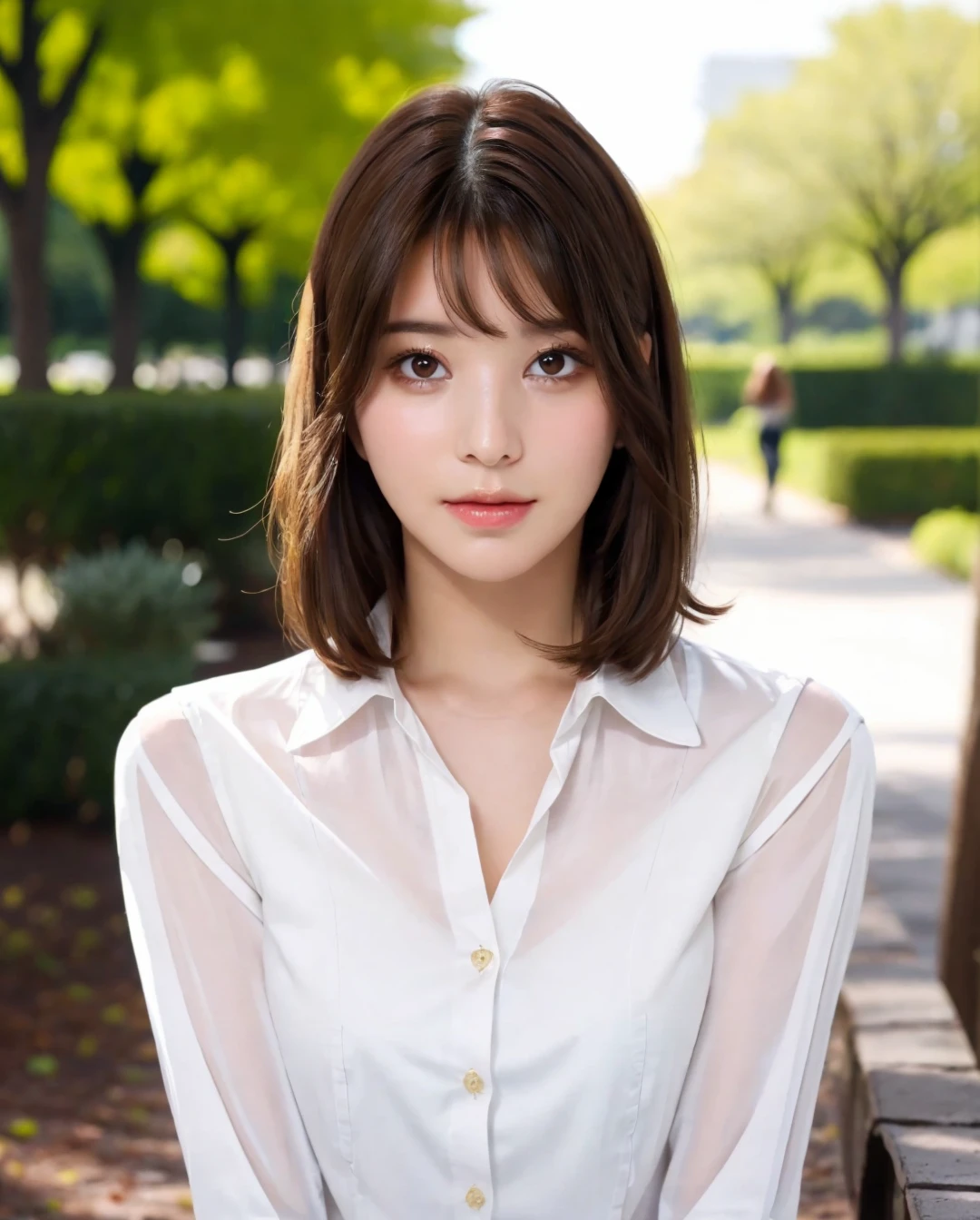 best quality, photorealistic, 8k, high res, full color, 1girl, woman, 20 years old woman, (closed mouth:1.43), (skindentation), trees, park bench, daylight, ((park background:1.52)), full color, ((white buttoned shirt:1.58)), looking at viewer:1.8, (1girl eyes looking at viewer:1.55), (medium hair, brownhair, partedbangs:1.85), (bokeh), <lora:AAV-nagi2:0.64>