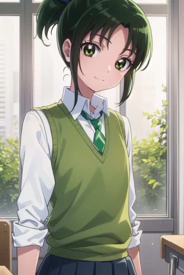 naomidorikawa, <lora:nao midorikawa s1-lora-nochekaiser:1>,
nao midorikawa, short hair, (green eyes:1.3), ponytail, green hair, ribbon, hair ribbon, smile,
BREAK skirt, school uniform, necktie, sleeves rolled up, sweater vest, green necktie, nanairogaoka middle school uniform,
BREAK indoors,classroom,
BREAK looking at viewer, dynamic pose,
BREAK <lyco:GoodHands-beta2:1>, (masterpiece:1.2), best quality, high resolution, unity 8k wallpaper, (illustration:0.8), (beautiful detailed eyes:1.6), extremely detailed face, perfect lighting, extremely detailed CG, (perfect hands, perfect anatomy),