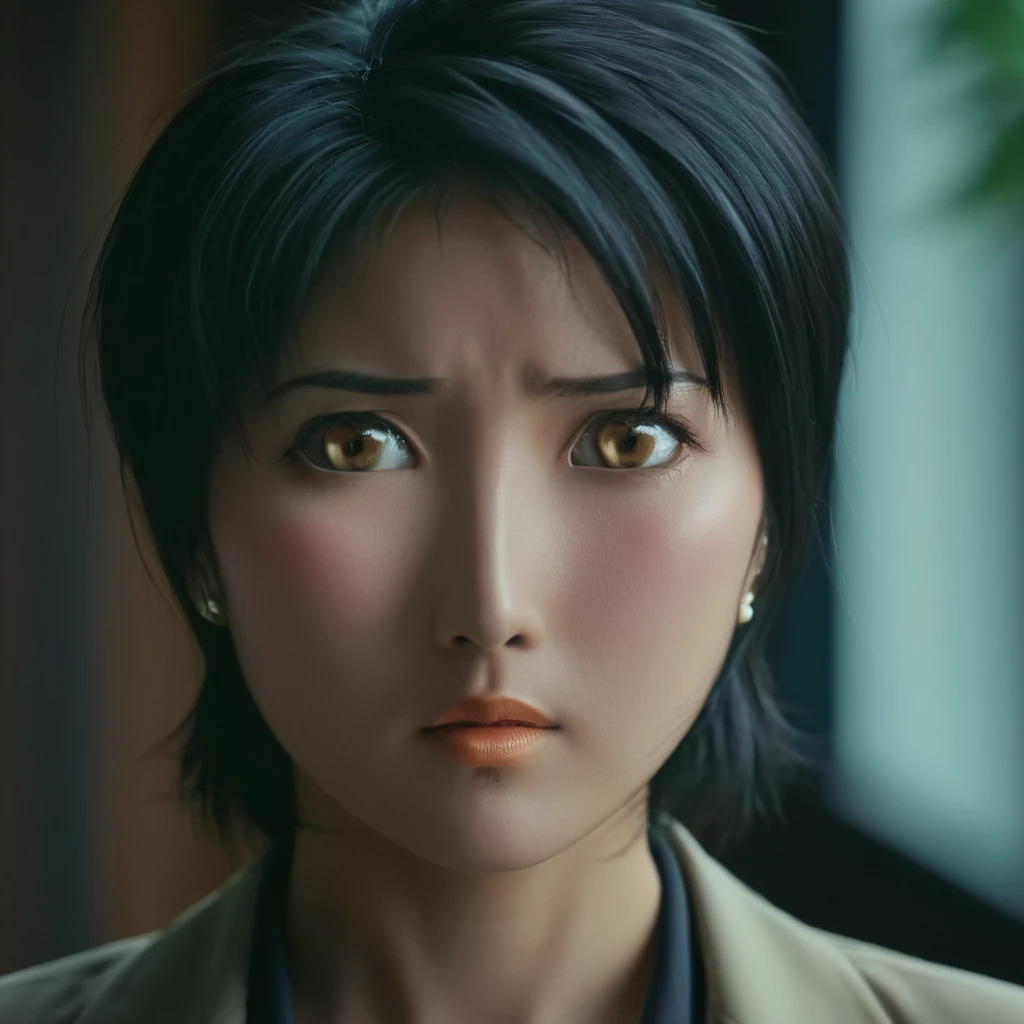 cinematic film still of <lora:Yukiko Minase:1>
A cinematic portrait photo of Yukiko Minase a very attractive woman staring at camera with a surprise look on her face, shallow depth of field, vignette, highly detailed, high budget, bokeh, cinemascope, moody, epic, gorgeous, film grain, grainy