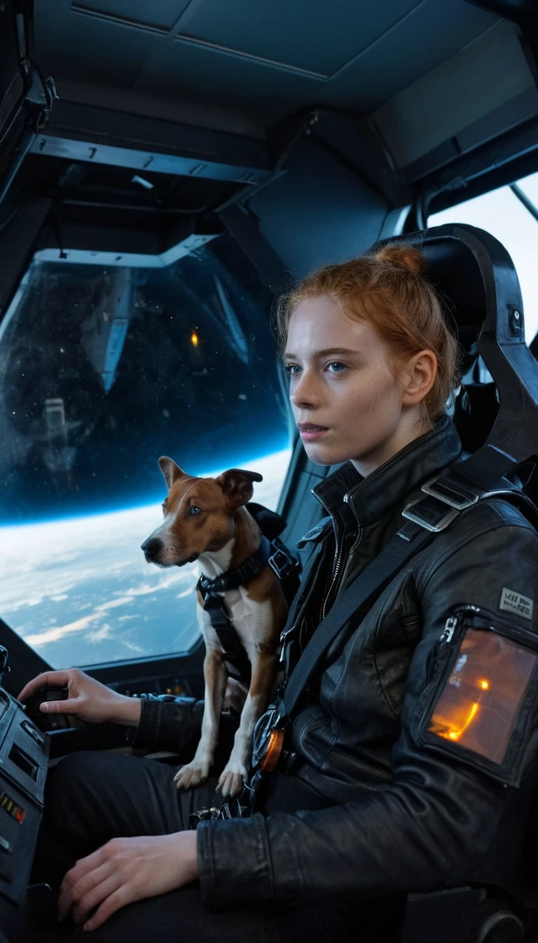 Science Fiction cinematic style stunning award winning portrait photo of 18 year old cute ginger woman with a dog sitting in the cockpit of a space ship,anamorphic,distorted lense,chromatic aberration,volumetric lighting,cinematic,epic composition, <lora:5A120B7E26:0.7>