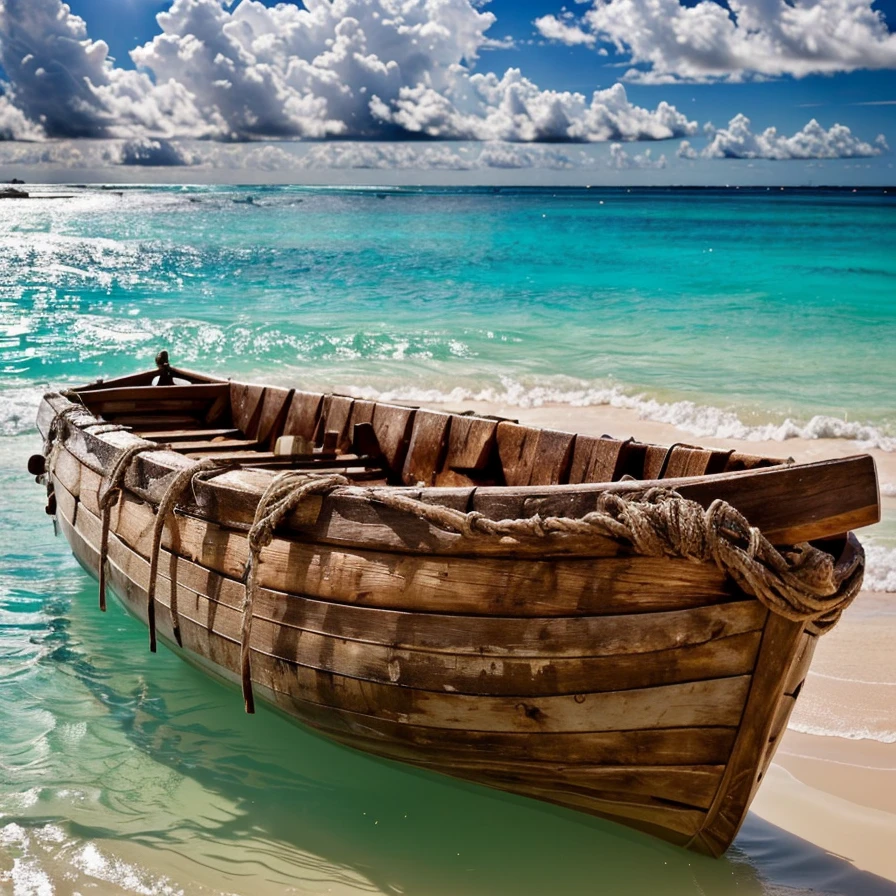 (masterpiece:1.2), (best quality,:1.2), 8k, HDR, ultra detailed, ((photorealistic)), perfect anatomy, professional light, cinematic lighting, fashion photography, ambient lighting,<lora:detail_slider_v4:3>, pire, <lora:PirateRealms-10:1>, a small boat on a sandy beach in the caribbean, epiCPhoto