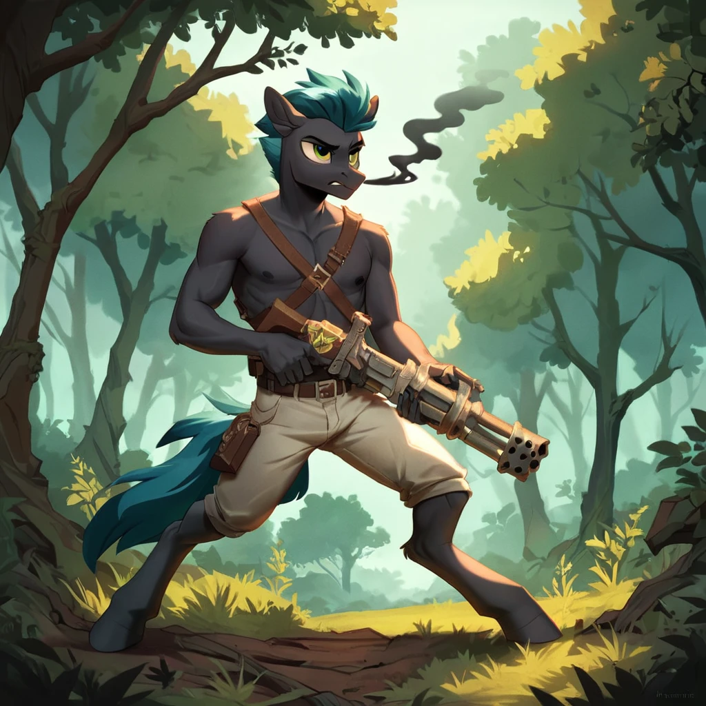 score_9, score_8_up, score_7_up, source_cartoon, a anthro pony cultist fires a (a hvyflamer weapon) in a forest forest, black smoke,