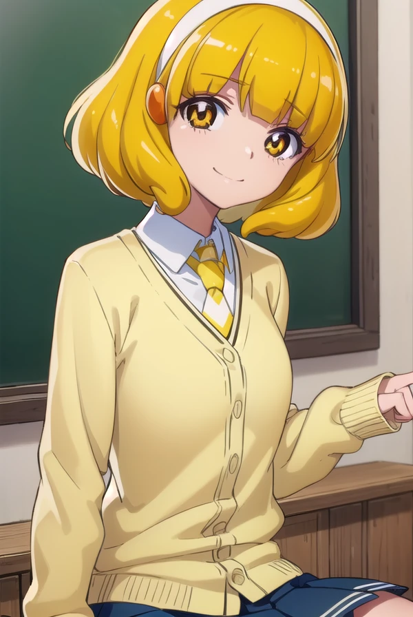 yayoikise, <lora:yayoi kise s1-lora-nochekaiser:1>,
yayoi kise, short hair, blonde hair, (yellow eyes:1.3), hairband, white hairband, smile,
BREAK skirt, school uniform, socks, cardigan, nanairogaoka middle school uniform, yellow cardigan, pleated skirt, blue skirt,
BREAK indoors,classroom,
BREAK looking at viewer, dynamic pose,
BREAK <lyco:GoodHands-beta2:1>, (masterpiece:1.2), best quality, high resolution, unity 8k wallpaper, (illustration:0.8), (beautiful detailed eyes:1.6), extremely detailed face, perfect lighting, extremely detailed CG, (perfect hands, perfect anatomy),