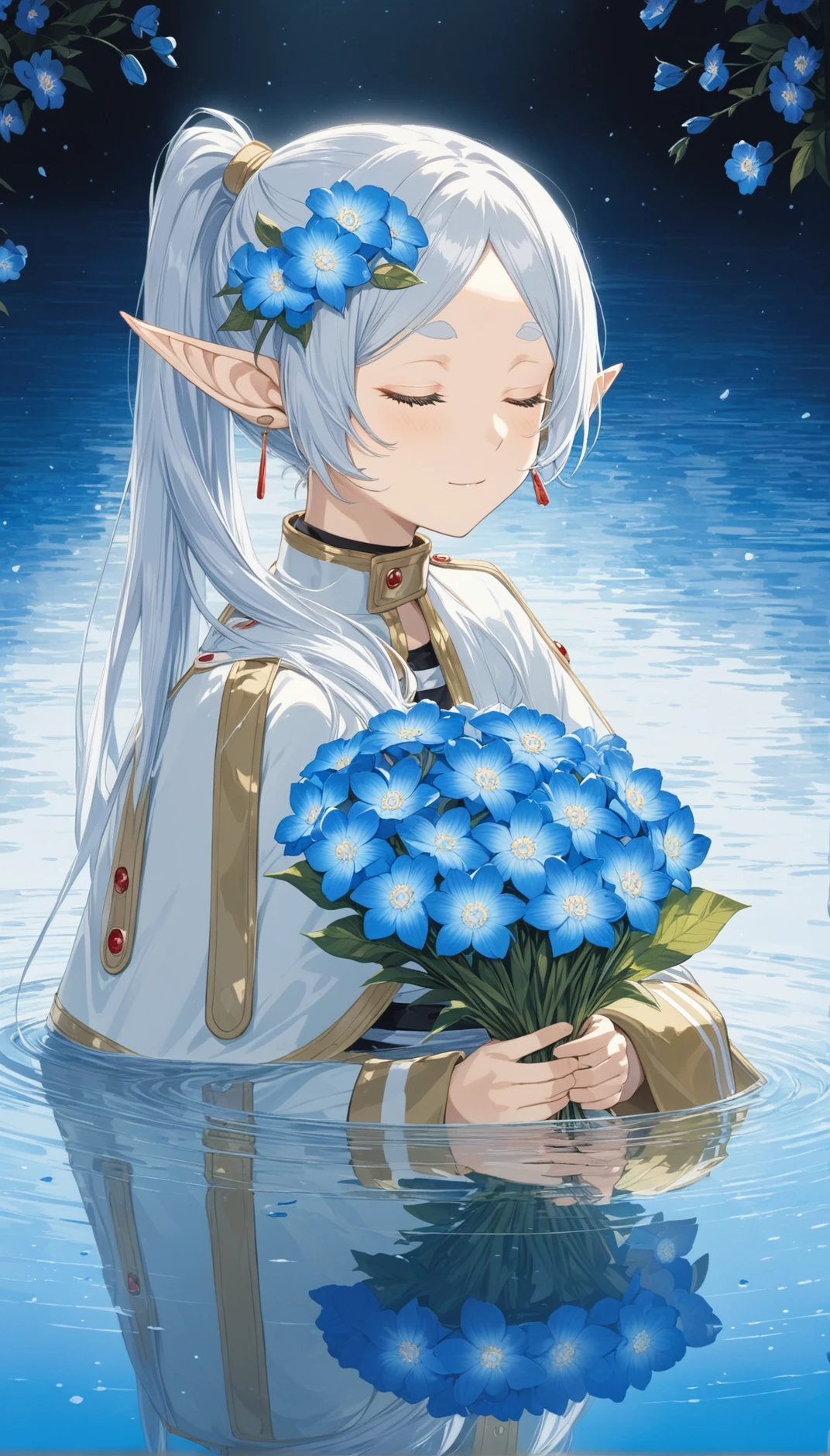 nereirfpnxl, frieren, rating:safe, flower, water, pointy ears, blue flower, closed eyes, reflection, holding flower, holding, elf, long hair, bouquet, ponytail, ripples, hair flower, hair ornament masterpiece, best quality, intricate detail, cinematic lighting, amazing quality, amazing shading, detailed Illustration, official artwork, wallpaper, official art, extremely detailed eyes and face, beautiful detailed eyes
<lora:frieren_nereirfpnxl_xl:1>