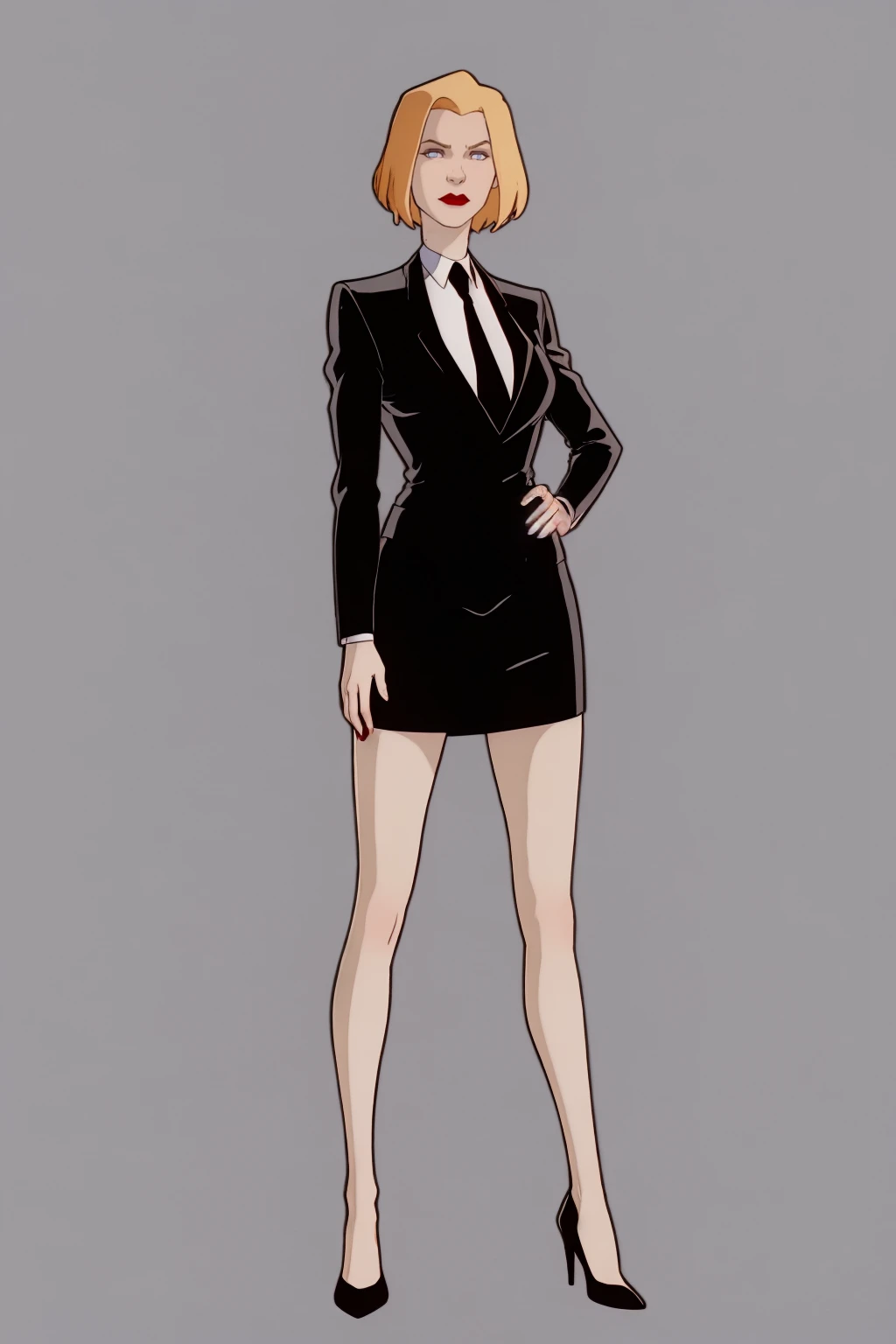 masterpiece, best quality,
1girl, agentl, blonde hair, short hair, blue eyes, red lips, makeup, suit, jacket, long sleeves, necktie, shirt, skirt, high heels,
hands on hips, full body, solo, looking at viewer, simple background, solid grey background <lora:AgentL:1>