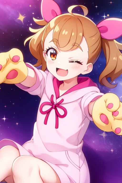 inukaikomugi, outstretched arms, twintails, solo focus, paw pose, sitting, short hair, one eye closed, sparkle, hands up