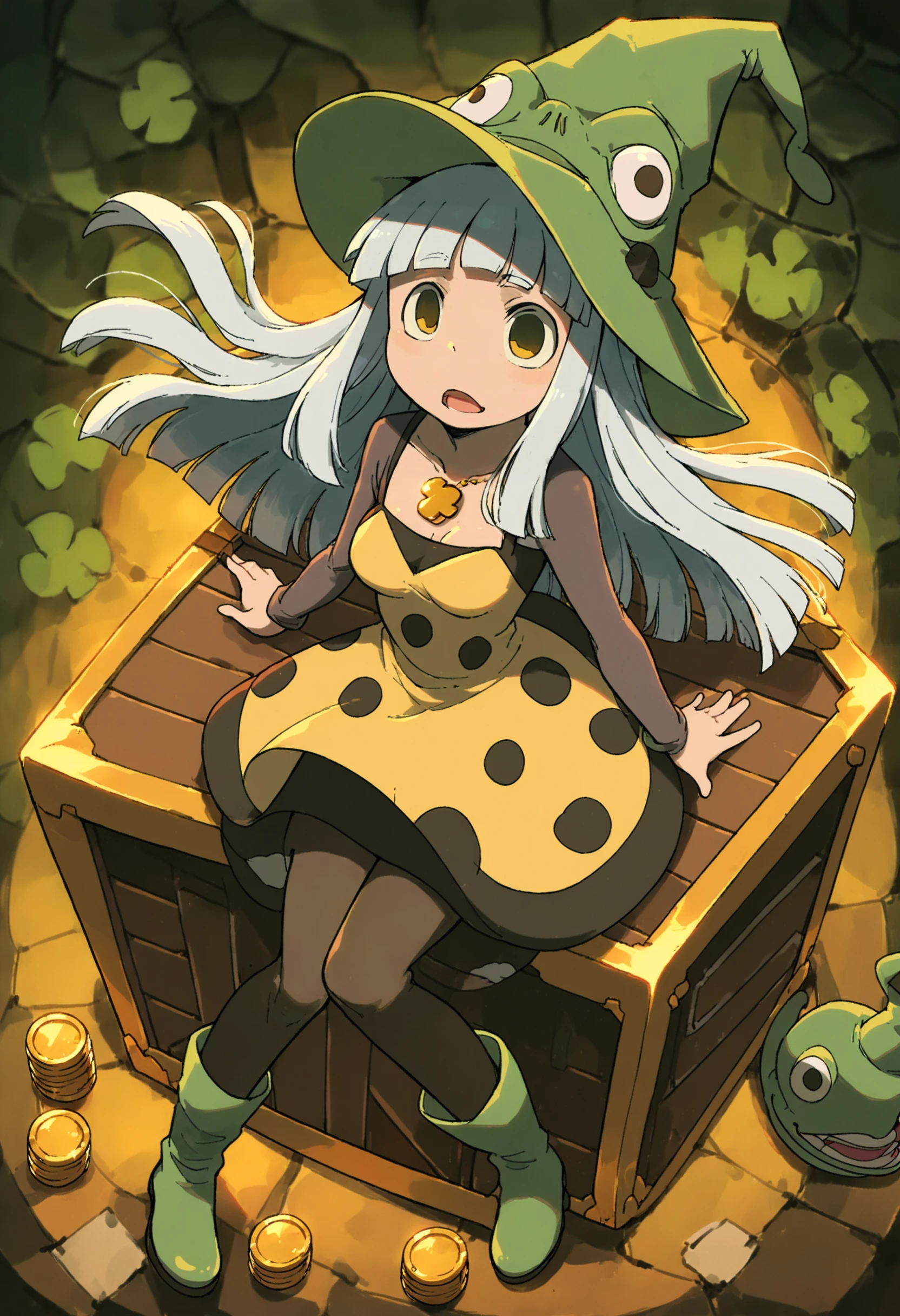 (score_9,score_8_up,score_7_up,score_6_up,score_5_up,score_4_up, source_anime:1.2), from above, from afar, (contrasting colors, bright colors:1.1), (Eruka_Frog, green hat, leprechaun hat:1.3), rating_safe, 1girl, thin, curves, adult, thin waist, medium size breasts, shamrock necklace, open mouth, white hair,long hair,bangs, thin hat, witch hat, golden dress,black pantyhose,green boots,green polka dots,polka dot dress, (shamrocks, mystical forest, three-leaf clover, treasure chest, gold, gold coins, black magic:1.2),( dusk, bright lightsource, holy theme, glowing, detailed background:1.2), <lora:Eureka_Frog_v10:1>, <lora:add-detail-xl:1.4>, <lora:xl_more_art-full_v1:1.3>